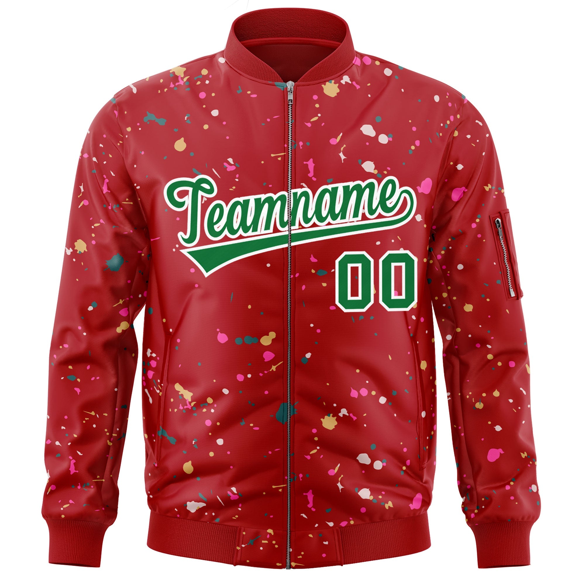 Custom Red Kelly Green Varsity Full-Zip Splash Graffiti Pattern Letterman Jacket