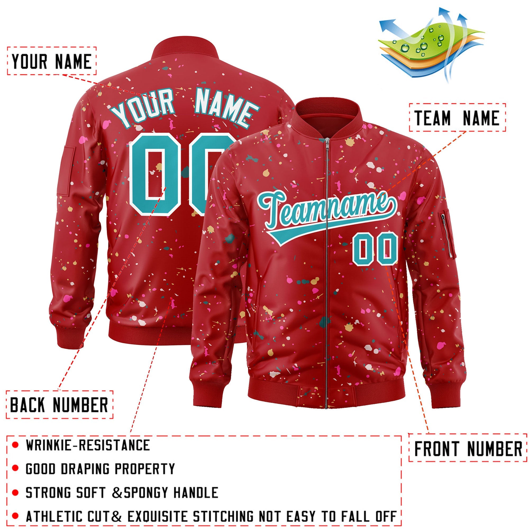 Custom Red Aqua-White Varsity Full-Zip Splash Graffiti Pattern Letterman Jacket