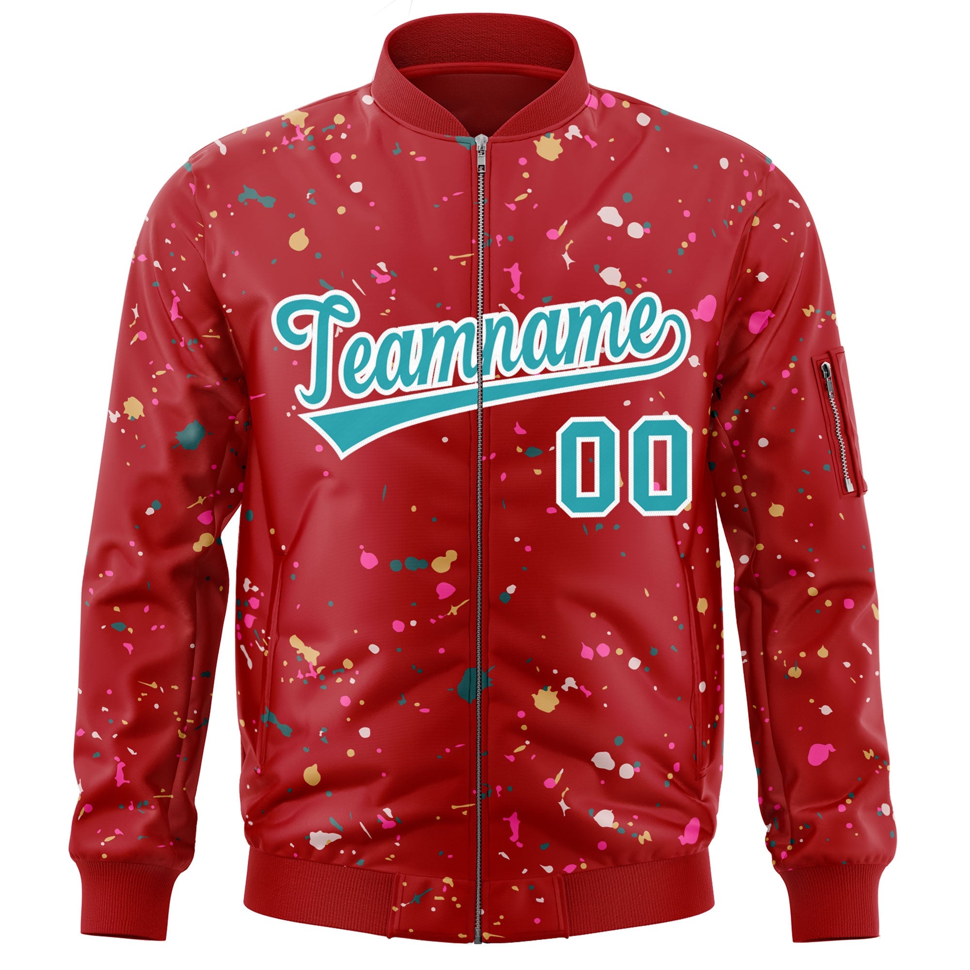 Custom Red Aqua-White Varsity Full-Zip Splash Graffiti Pattern Letterman Jacket