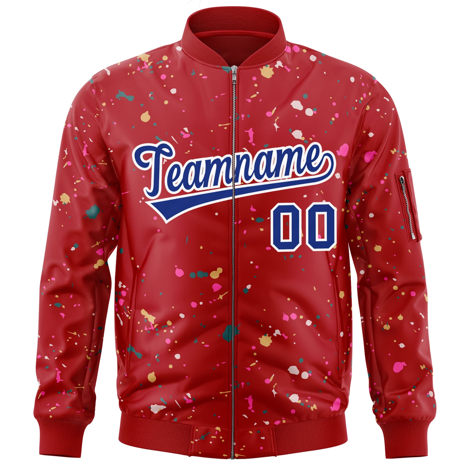 Custom Red Royal-White Varsity Full-Zip Splash Graffiti Pattern Letterman Jacket