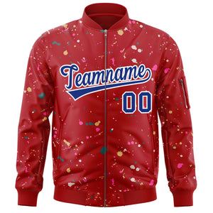 Custom Red Royal-White Varsity Full-Zip Splash Graffiti Pattern Letterman Jacket