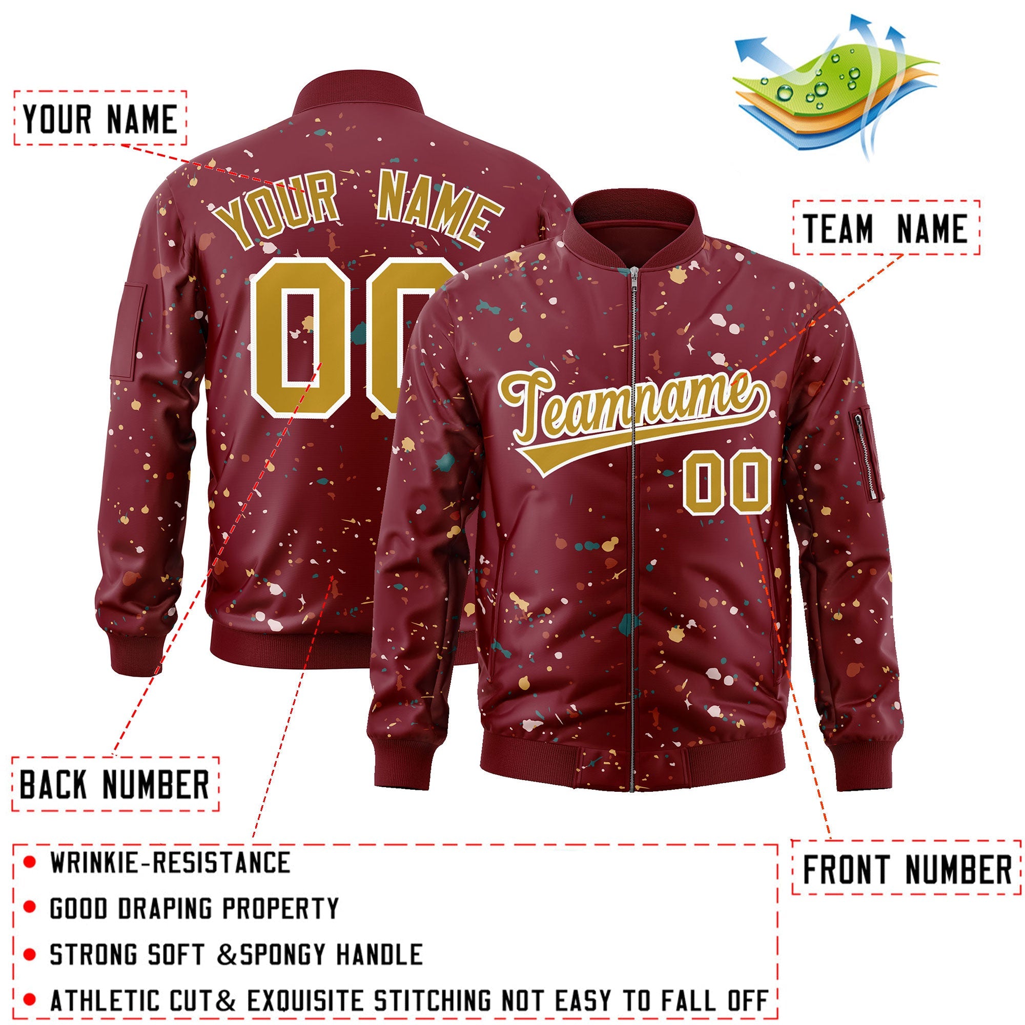 Custom Crimson Old Gold-White Varsity Full-Zip Splash Graffiti Pattern Letterman Jacket