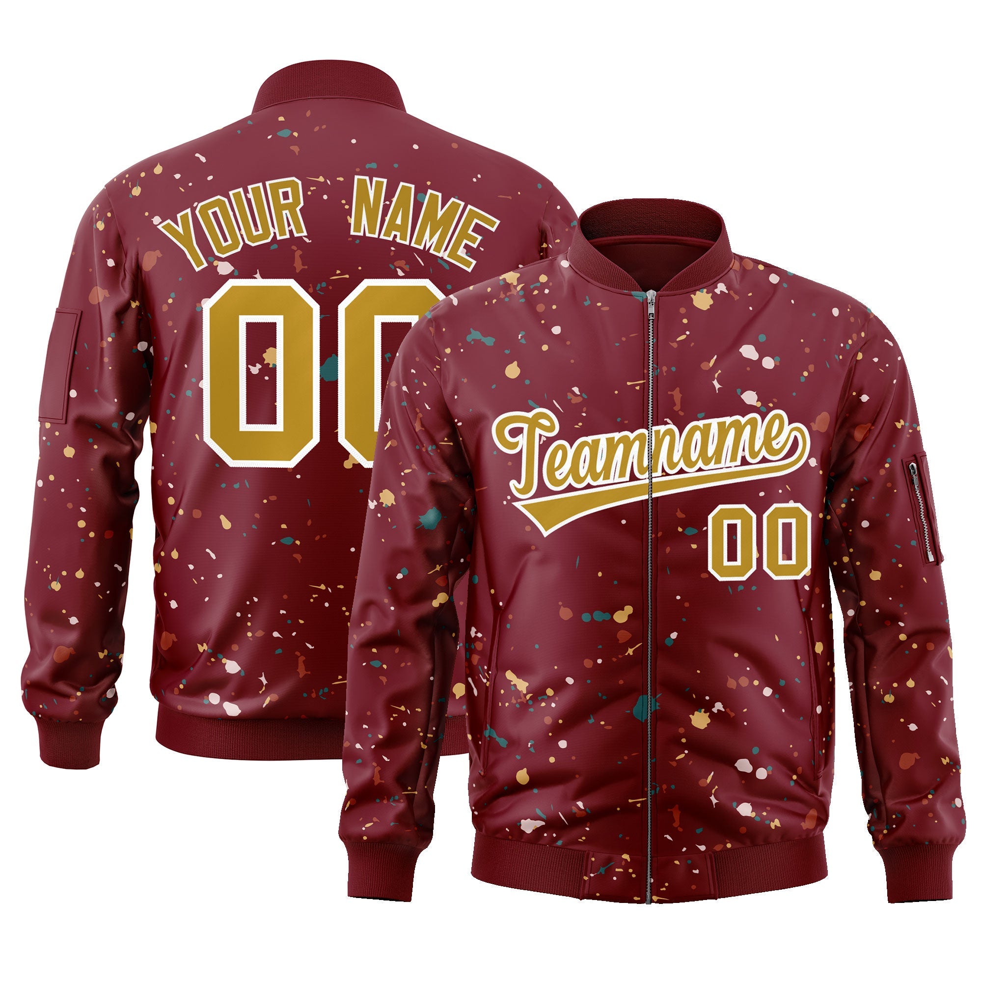 Custom Crimson Old Gold-White Varsity Full-Zip Splash Graffiti Pattern Letterman Jacket