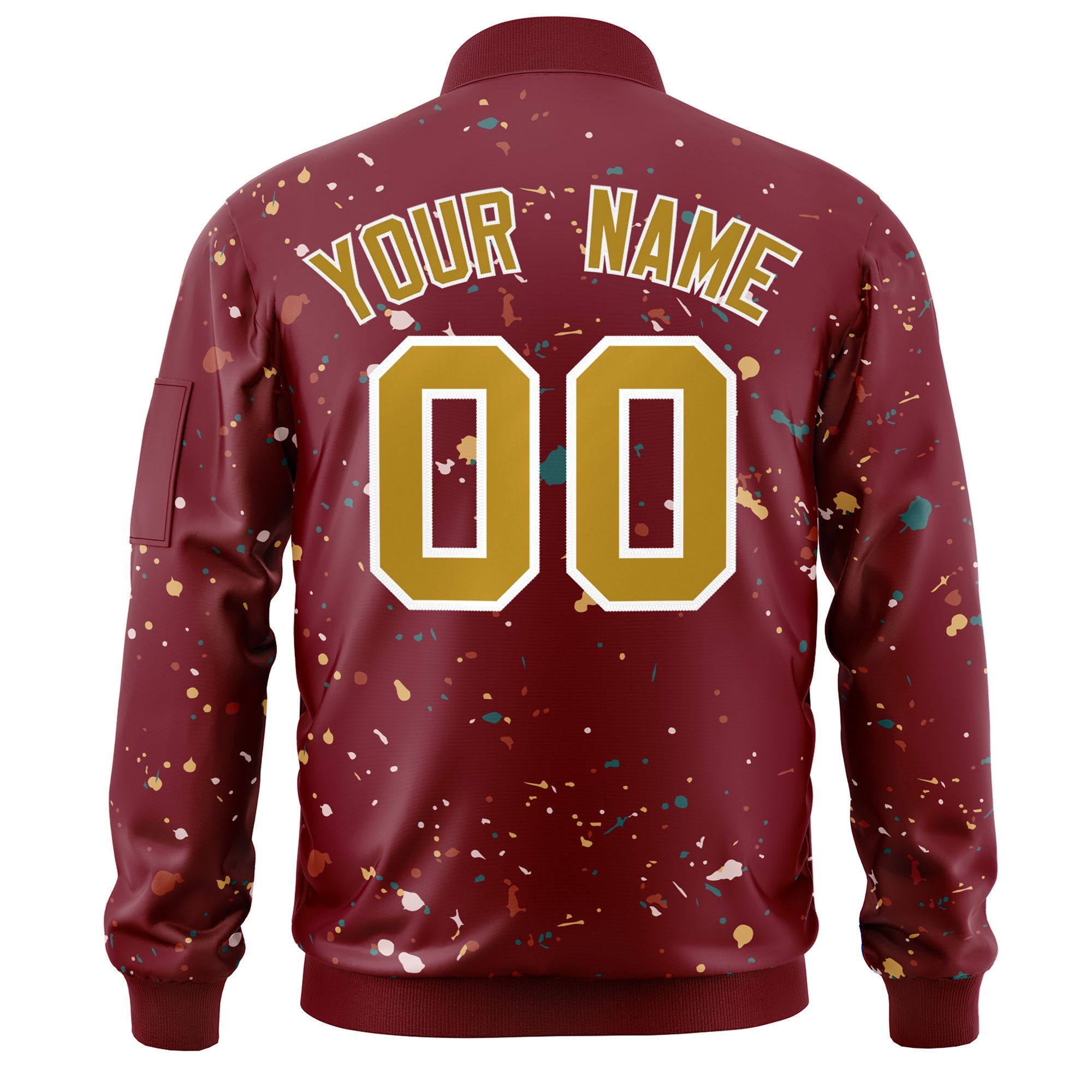 Custom Crimson Old Gold-White Varsity Full-Zip Splash Graffiti Pattern Letterman Jacket