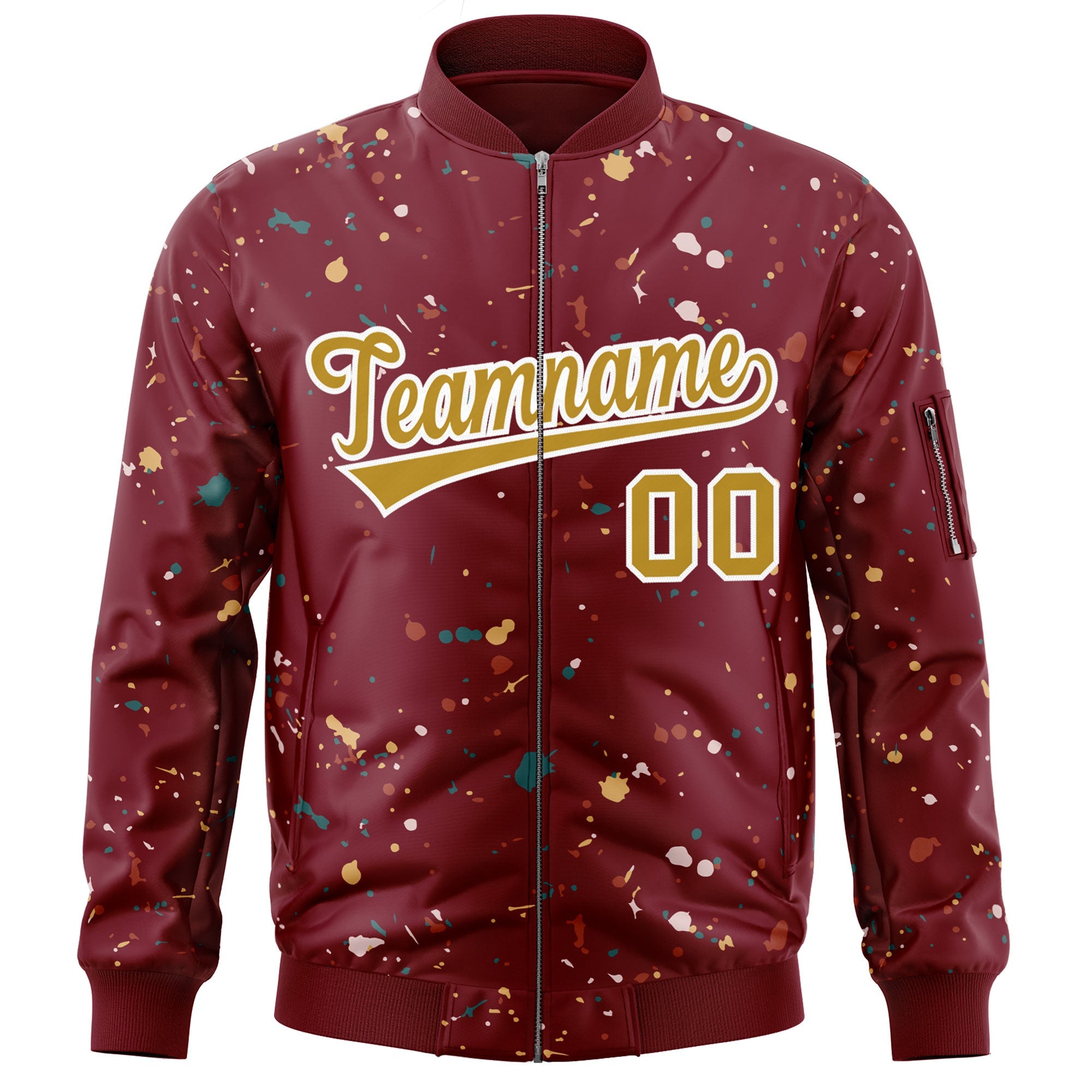 Custom Crimson Old Gold-White Varsity Full-Zip Splash Graffiti Pattern Letterman Jacket