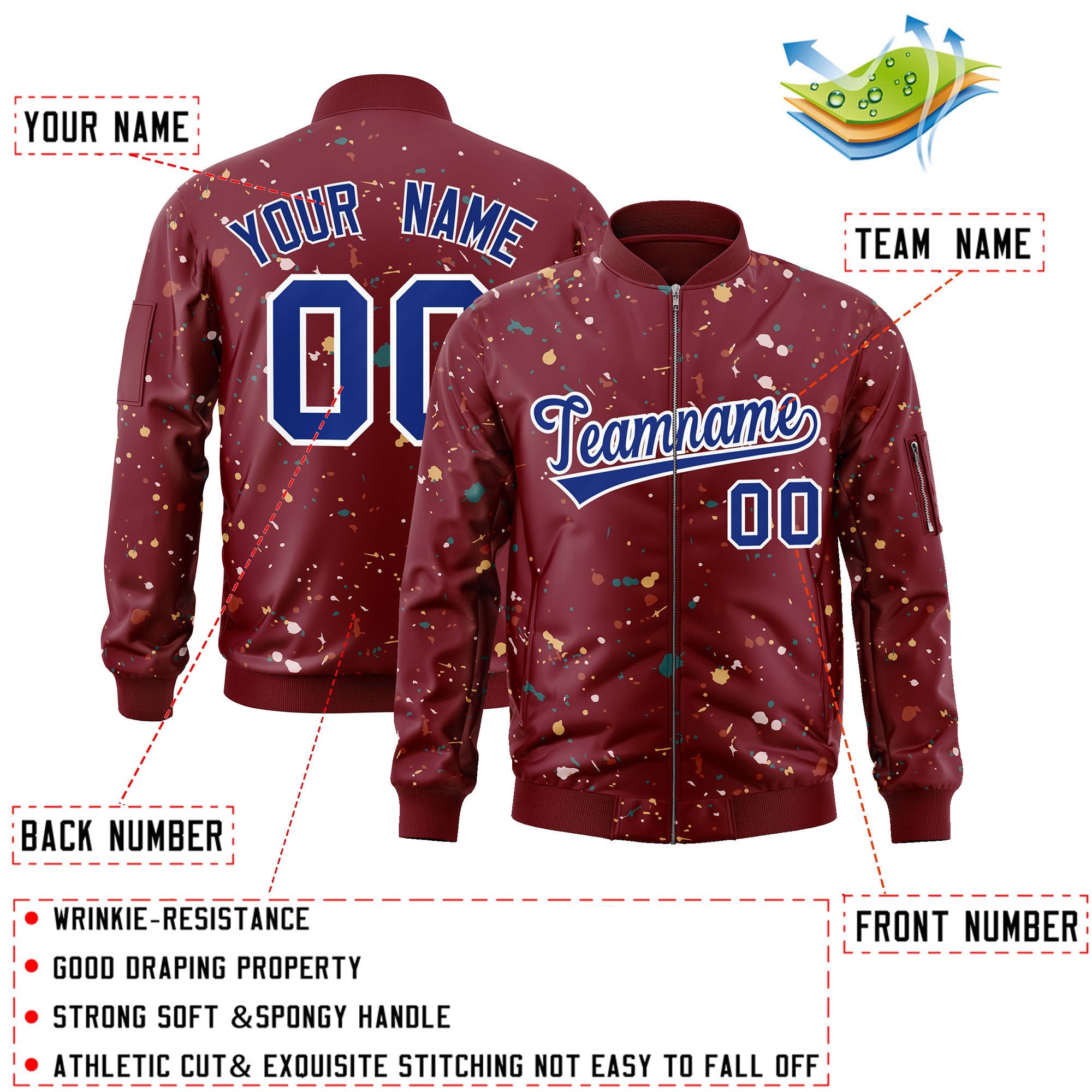 Custom Crimson Royal Varsity Full-Zip Splash Graffiti Pattern Letterman Jacket