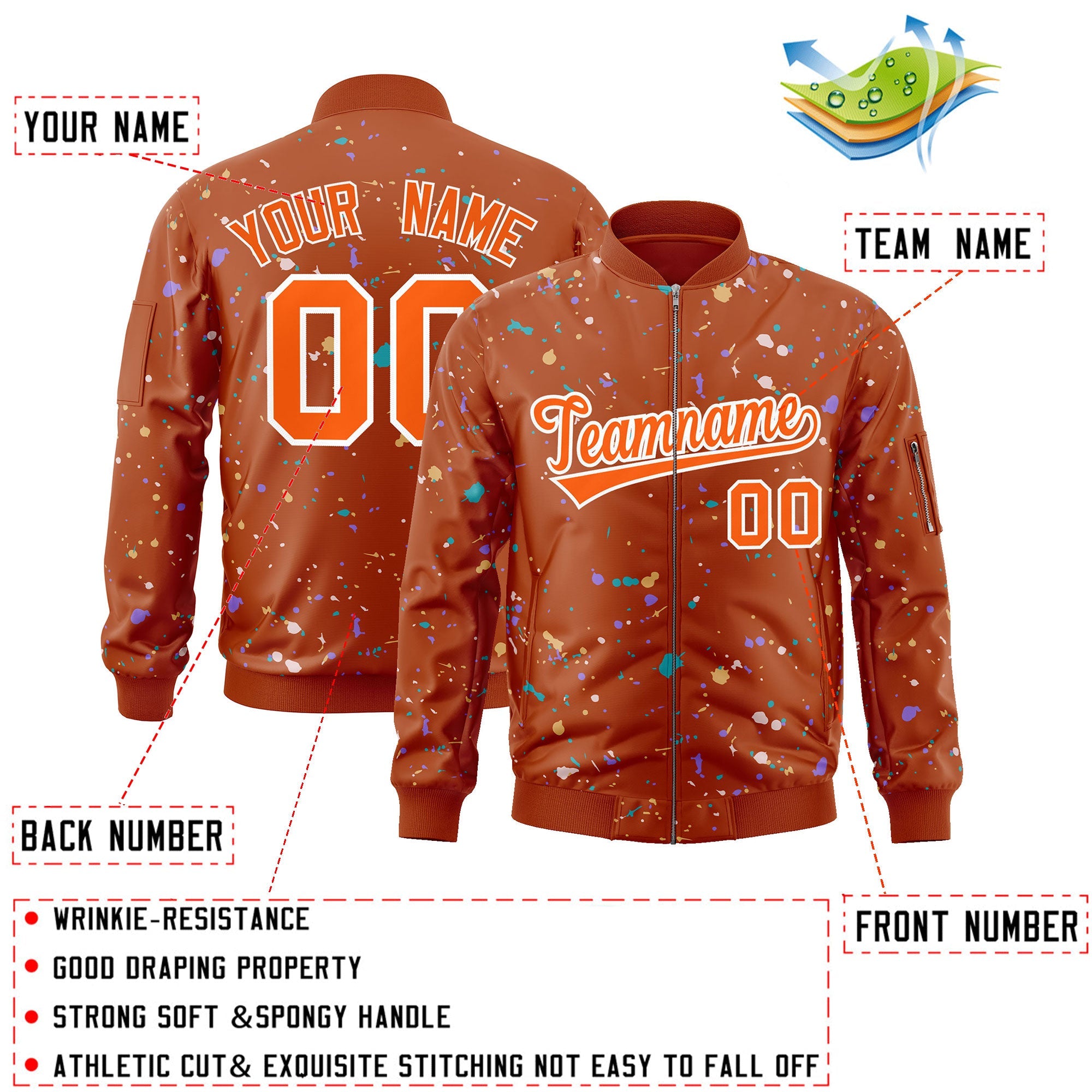 Custom Orange White Varsity Full-Zip Splash Graffiti Pattern Letterman Jacket