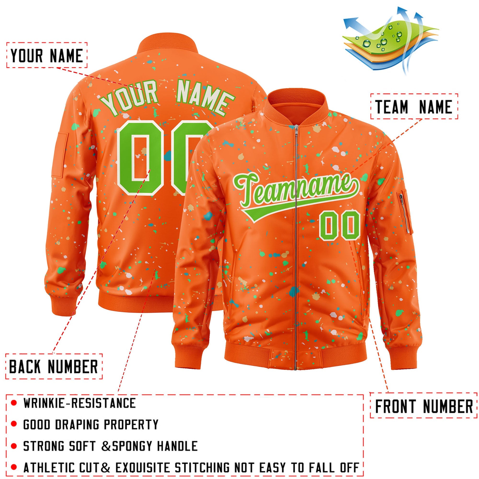 Custom Orange Neon Green-White Varsity Full-Zip Splash Graffiti Pattern Letterman Jacket