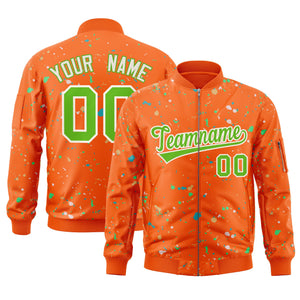 Custom Orange Neon Green-White Varsity Full-Zip Splash Graffiti Pattern Letterman Jacket