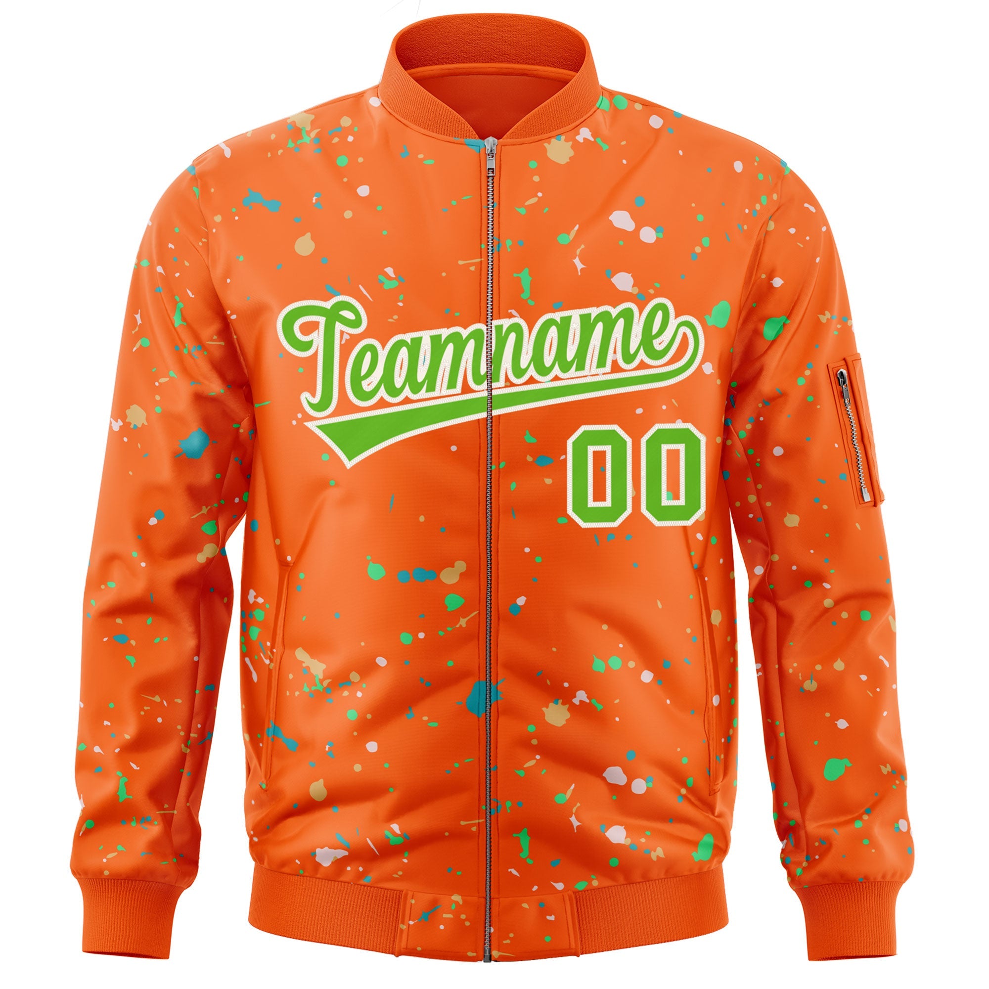 Custom Orange Neon Green-White Varsity Full-Zip Splash Graffiti Pattern Letterman Jacket