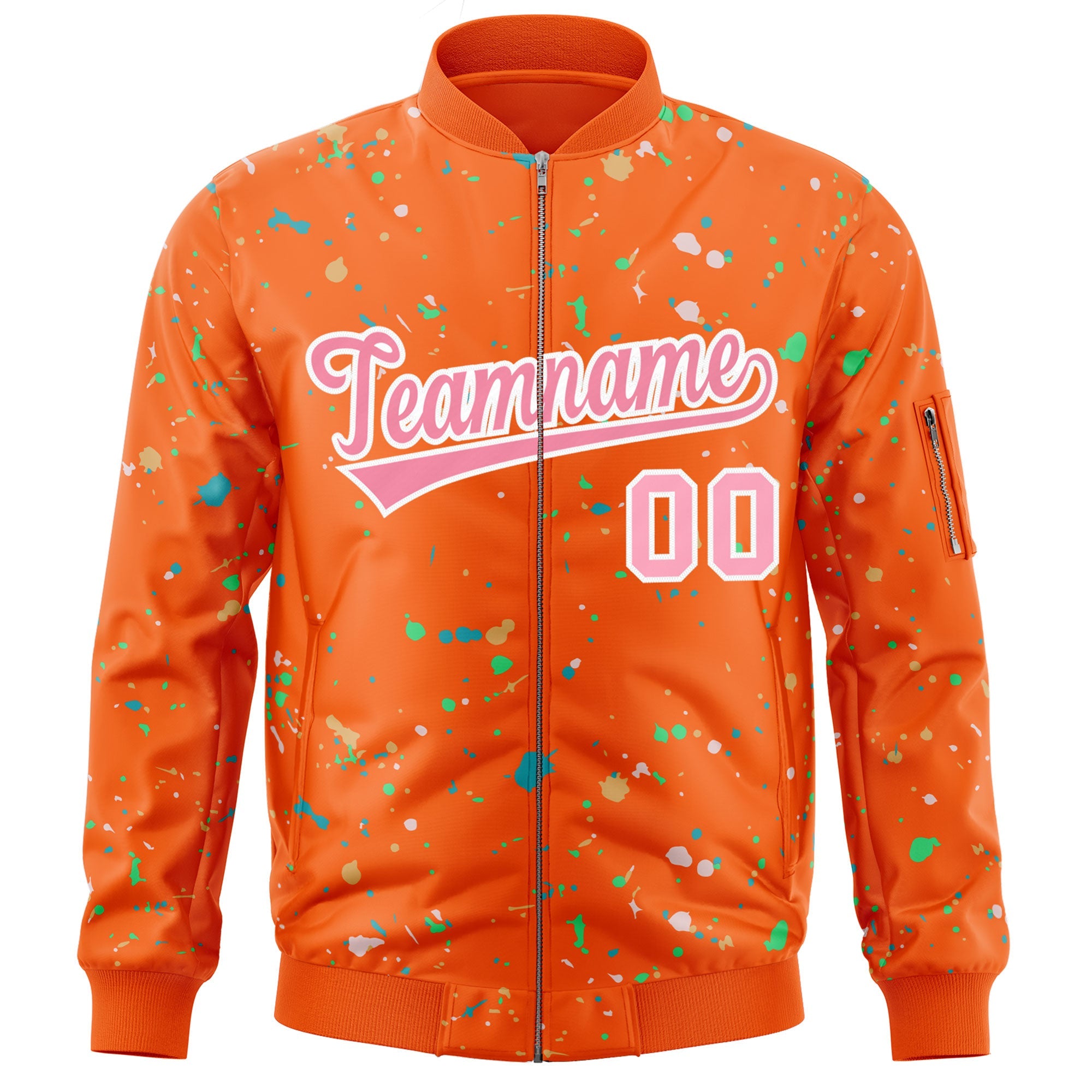 Custom Orange Pink-White Varsity Full-Zip Splash Graffiti Pattern Letterman Jacket