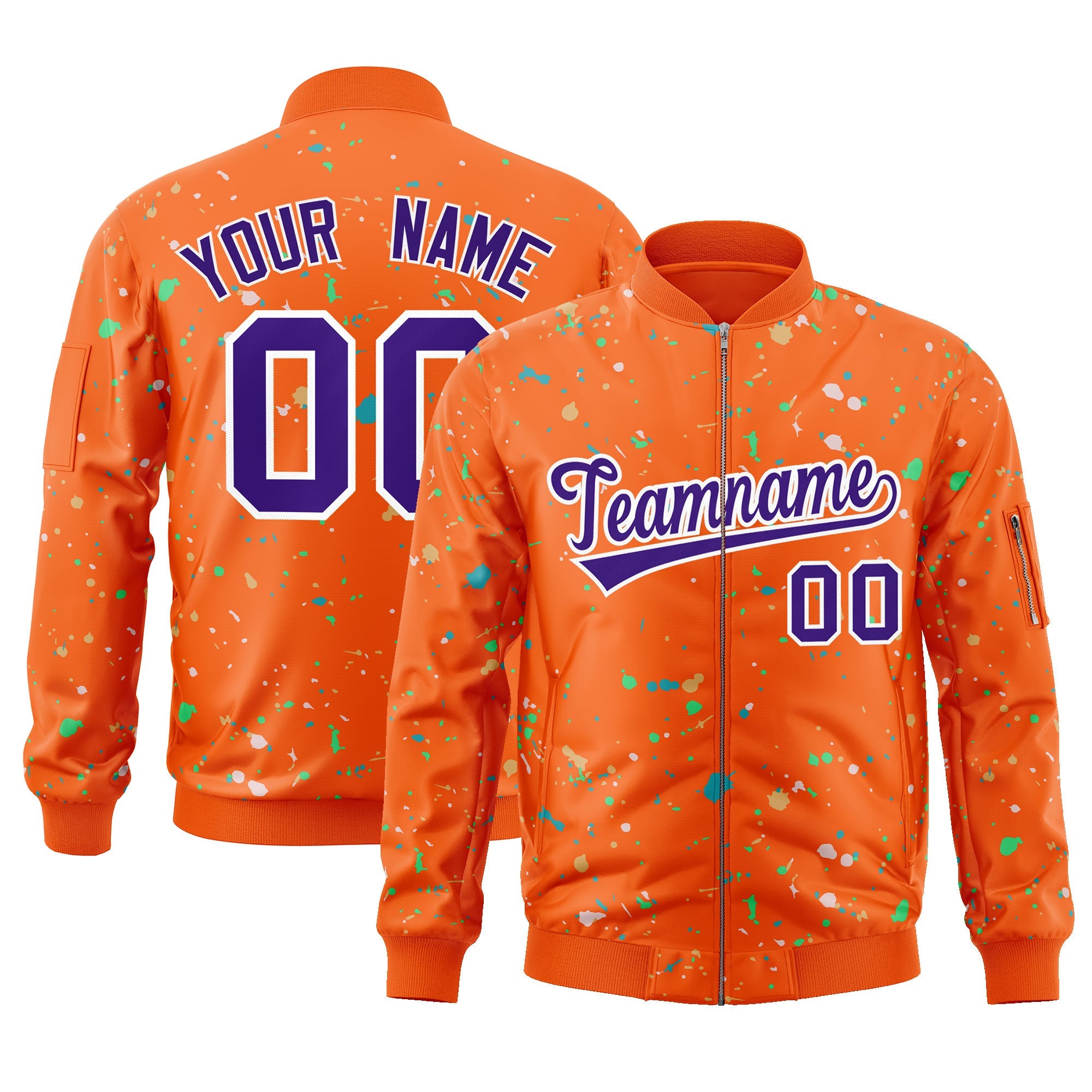 Custom Orange Purple-White Varsity Full-Zip Splash Graffiti Pattern Letterman Jacket