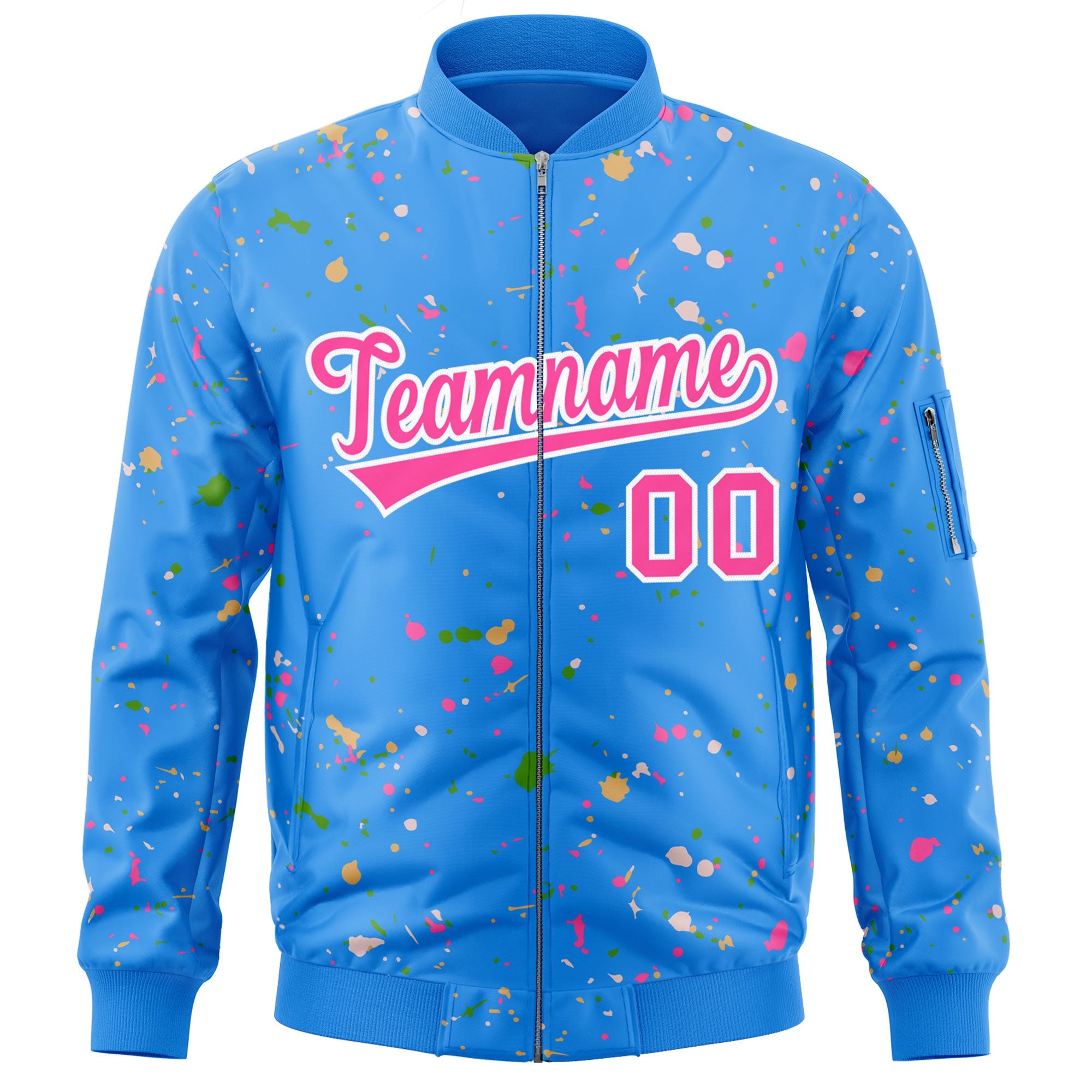 Custom Powder Blue Pink-White Varsity Full-Zip Splash Graffiti Pattern Letterman Jacket