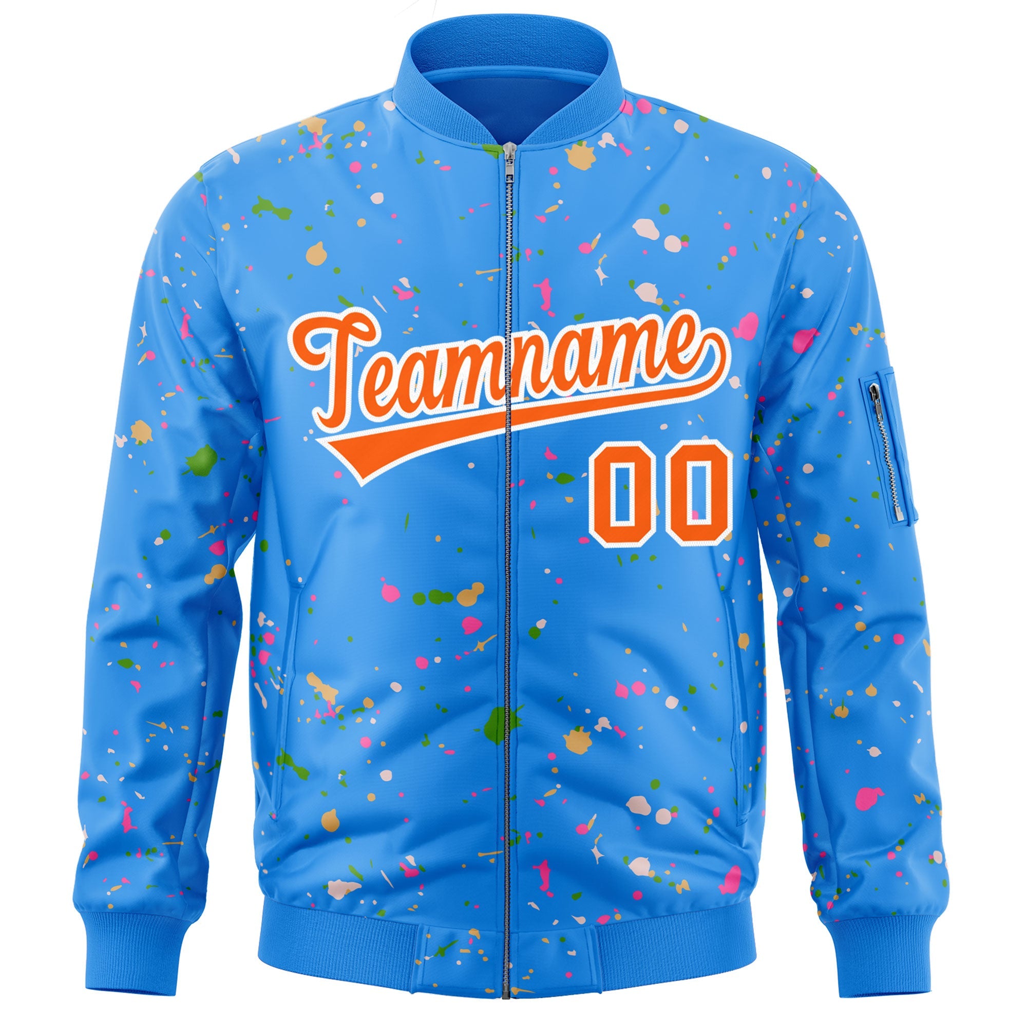 Custom Powder Blue Orange-White Varsity Full-Zip Splash Graffiti Pattern Letterman Jacket