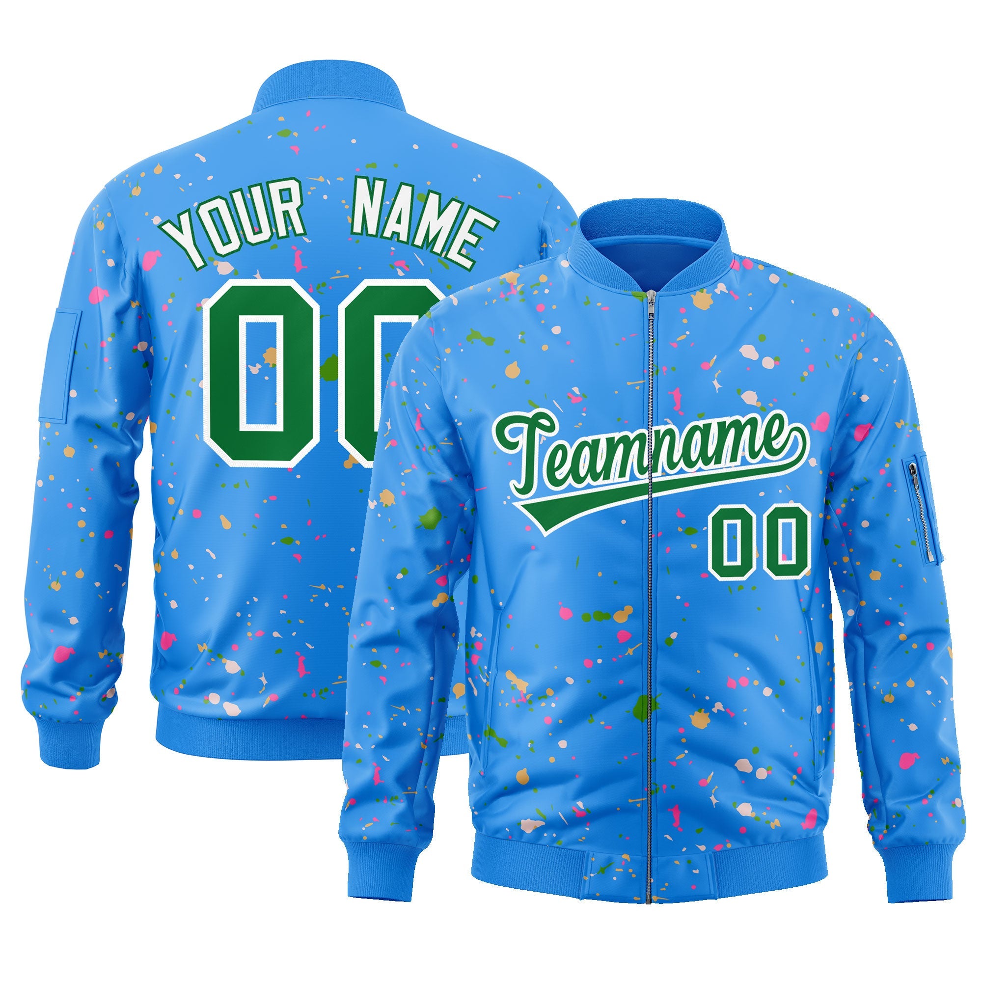 Custom Powder Blue Kelly Green-White Varsity Full-Zip Splash Graffiti Pattern Letterman Jacket