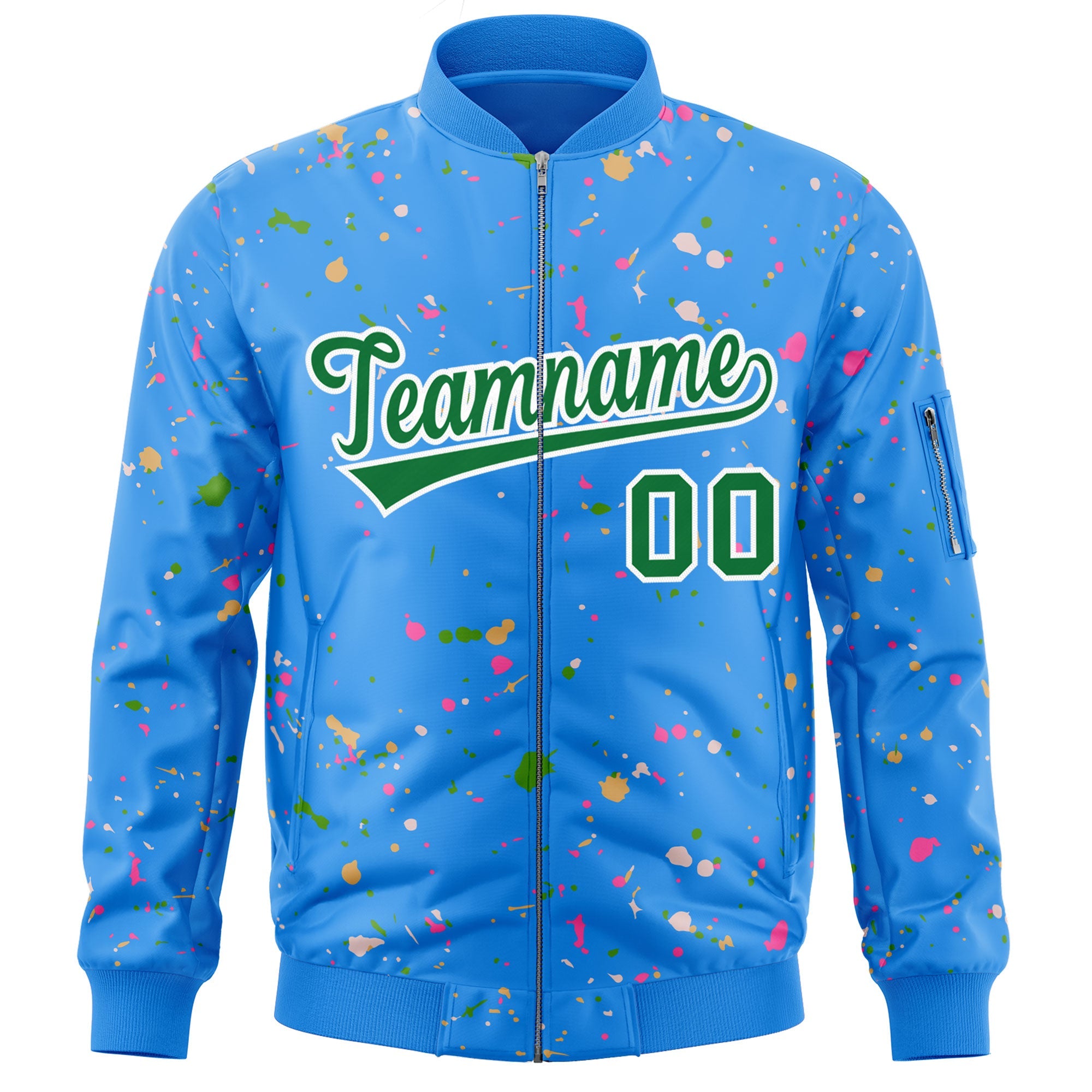 Custom Powder Blue Kelly Green-White Varsity Full-Zip Splash Graffiti Pattern Letterman Jacket