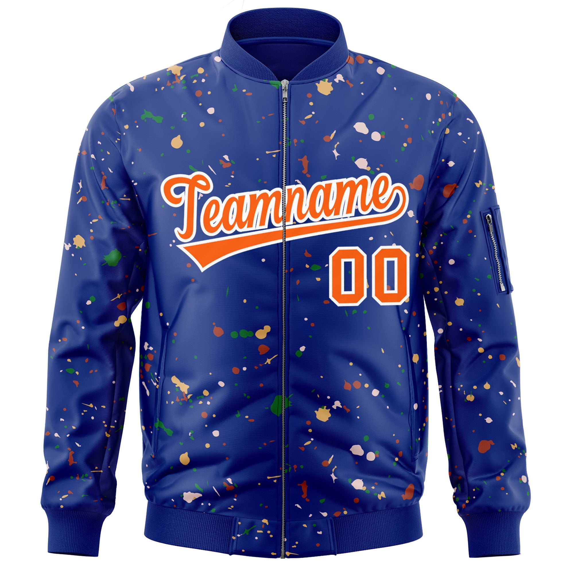 Custom Royal Orange-White Varsity Full-Zip Splash Graffiti Pattern Letterman Jacket