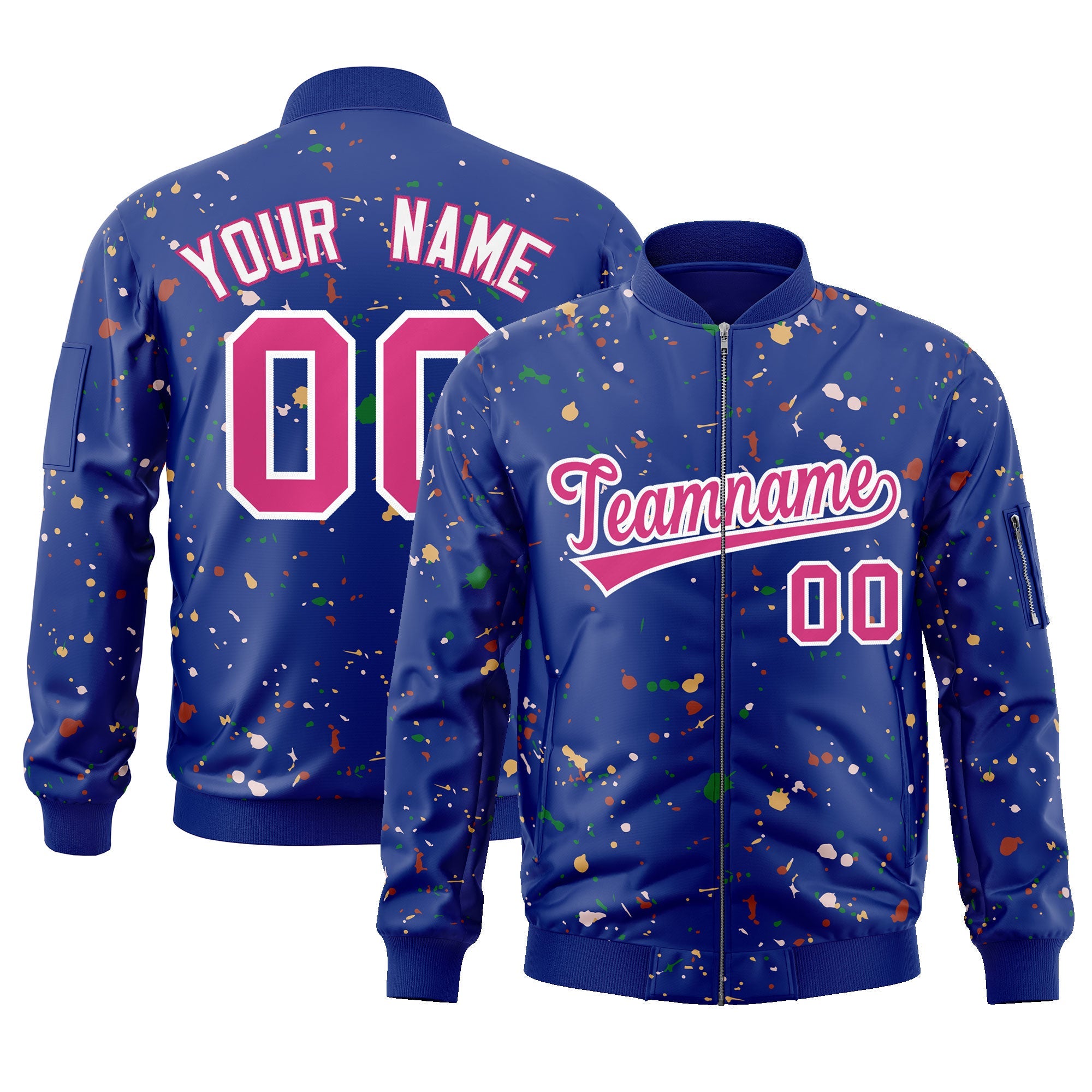 Custom Royal Pink-White Varsity Full-Zip Splash Graffiti Pattern Letterman Jacket