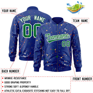 Custom Royal Kelly Green-White Varsity Full-Zip Splash Graffiti Pattern Letterman Jacket