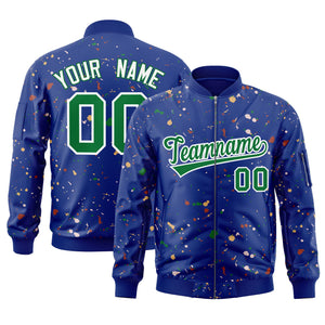 Custom Royal Kelly Green-White Varsity Full-Zip Splash Graffiti Pattern Letterman Jacket