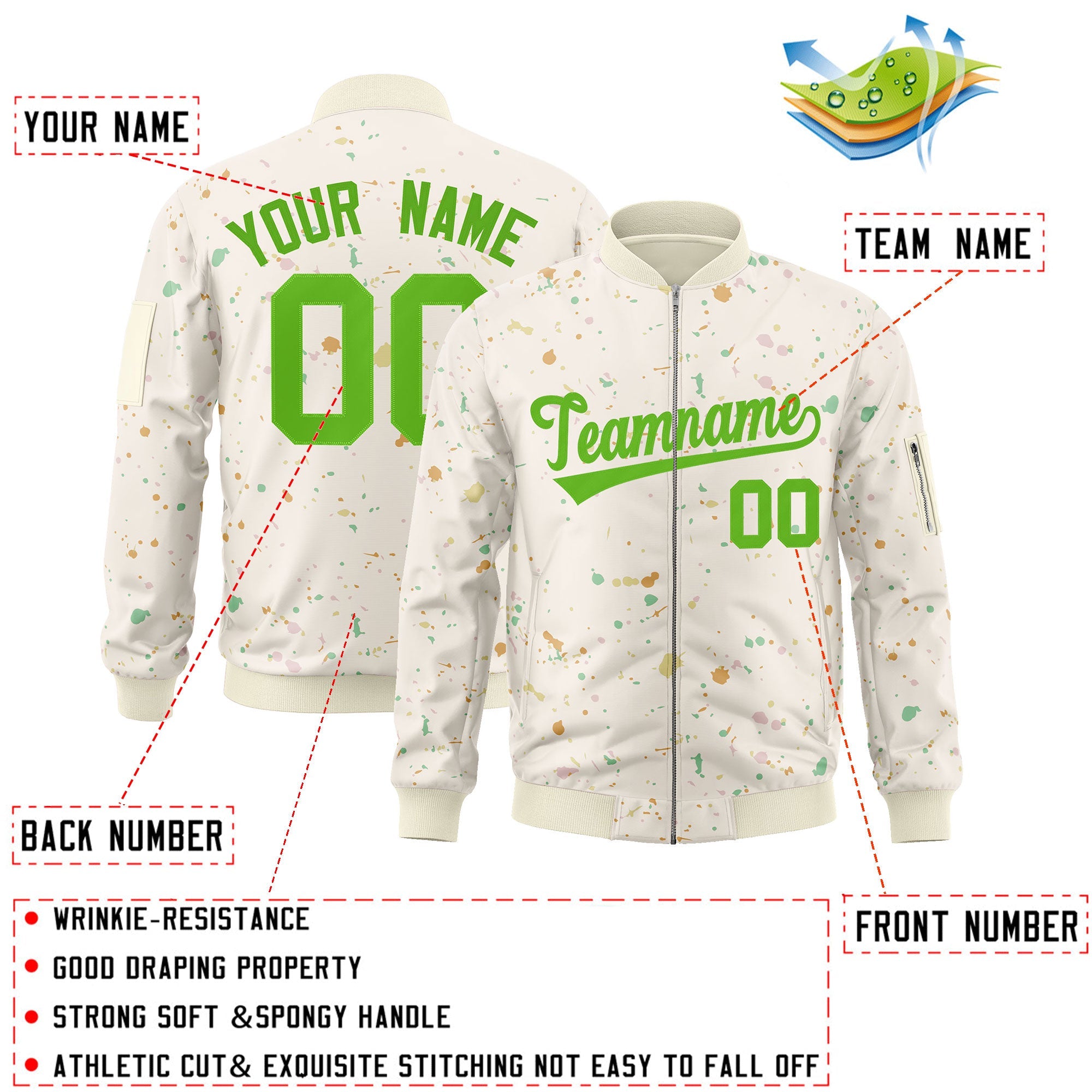 Custom Cream Green Varsity Full-Zip Splash Graffiti Pattern Letterman Jacket