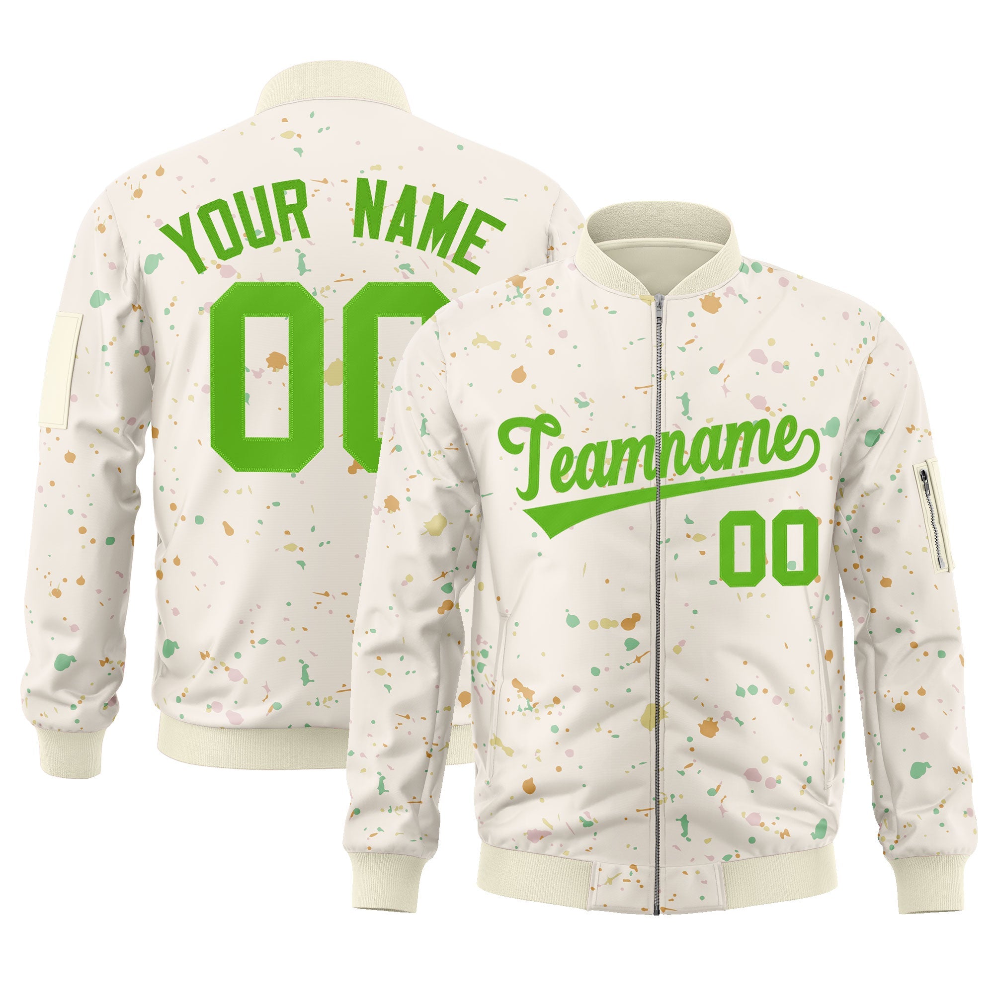 Custom Cream Green Varsity Full-Zip Splash Graffiti Pattern Letterman Jacket