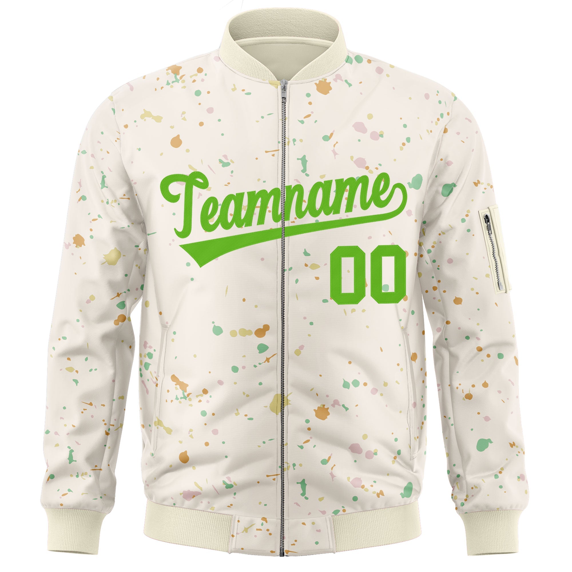 Custom Cream Green Varsity Full-Zip Splash Graffiti Pattern Letterman Jacket