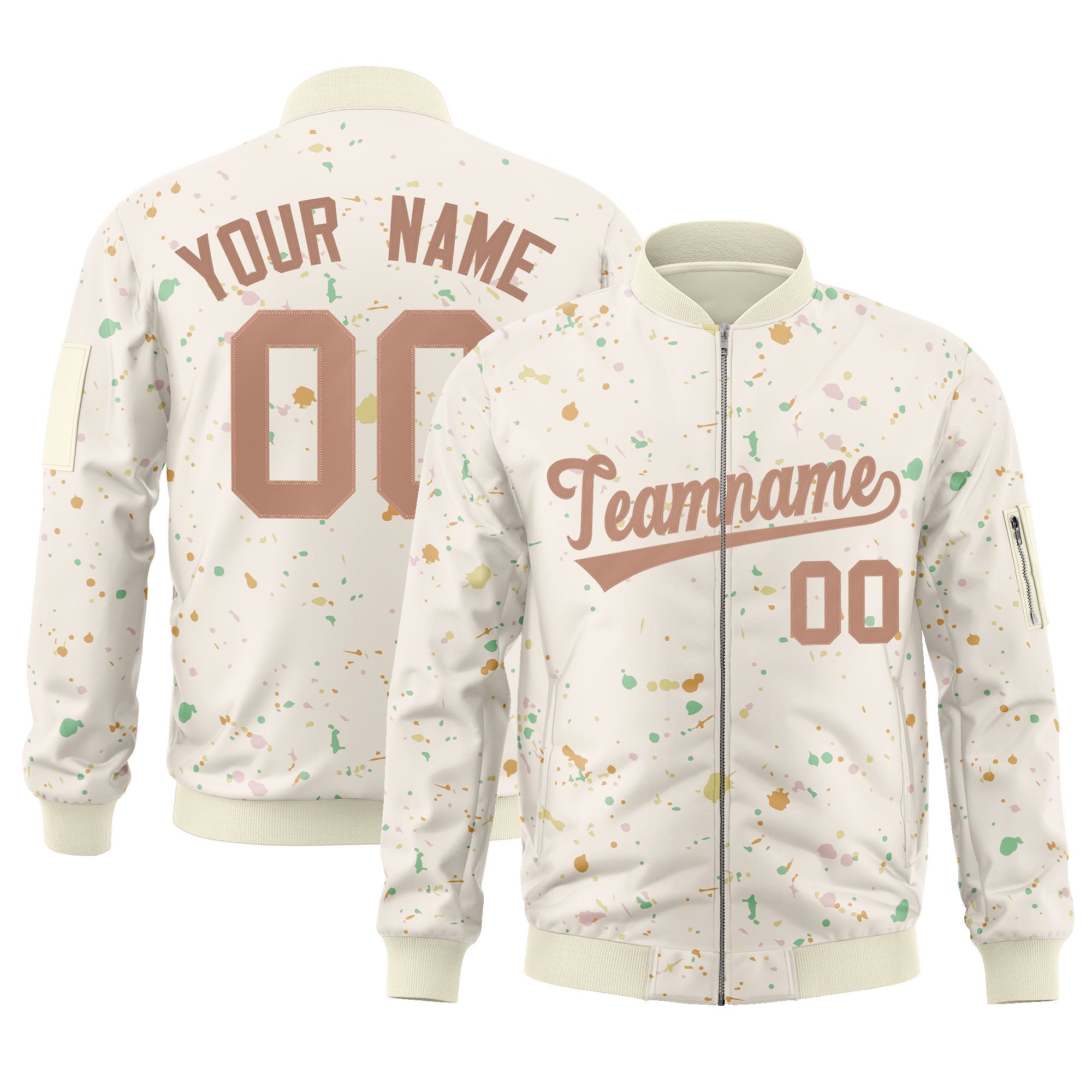 Custom Cream Brown Varsity Full-Zip Splash Graffiti Pattern Letterman Jacket