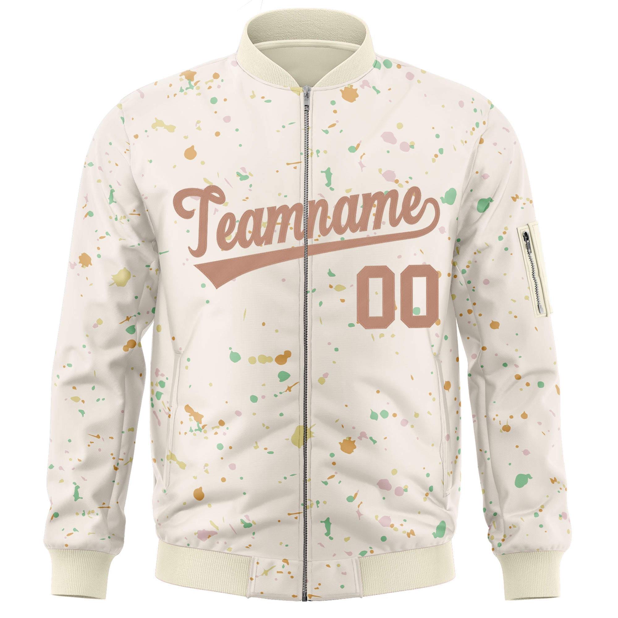 Custom Cream Brown Varsity Full-Zip Splash Graffiti Pattern Letterman Jacket