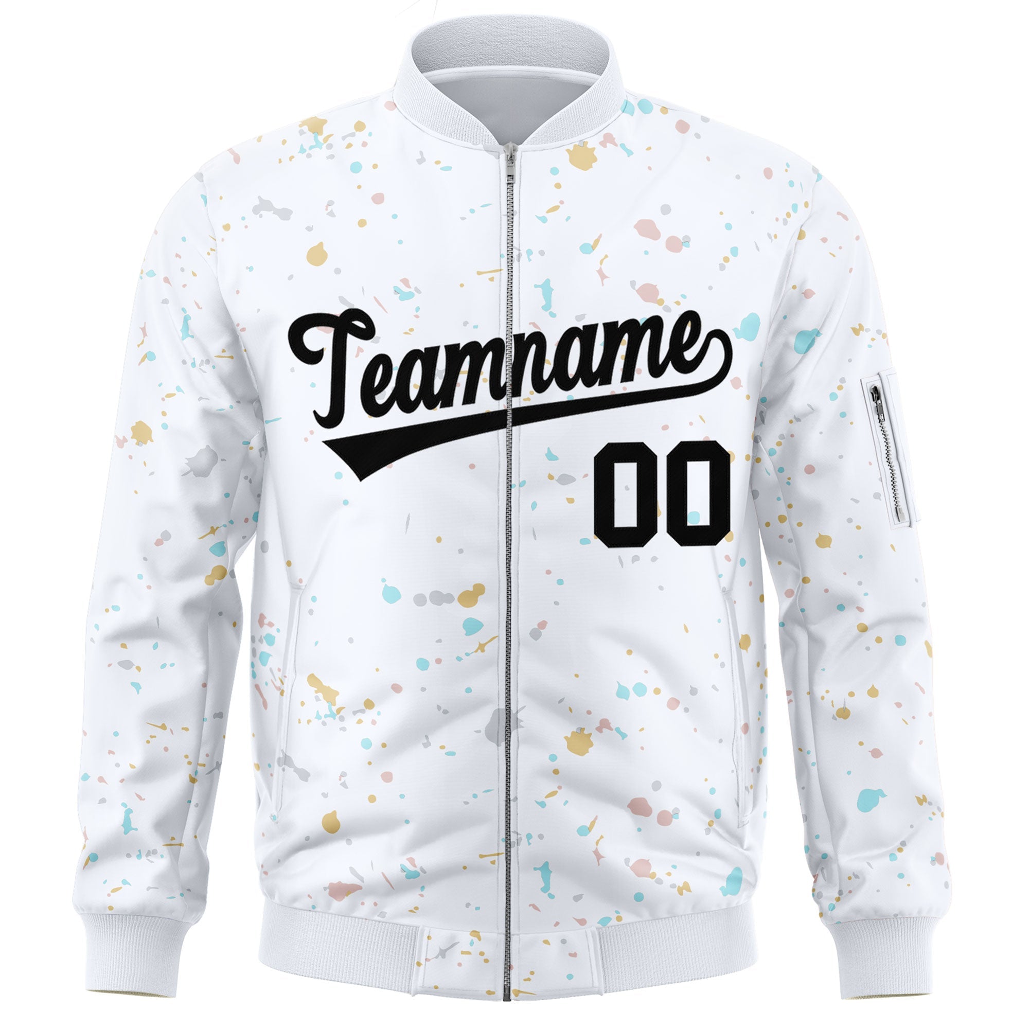 Custom White Black Varsity Full-Zip Splash Graffiti Pattern Letterman Jacket