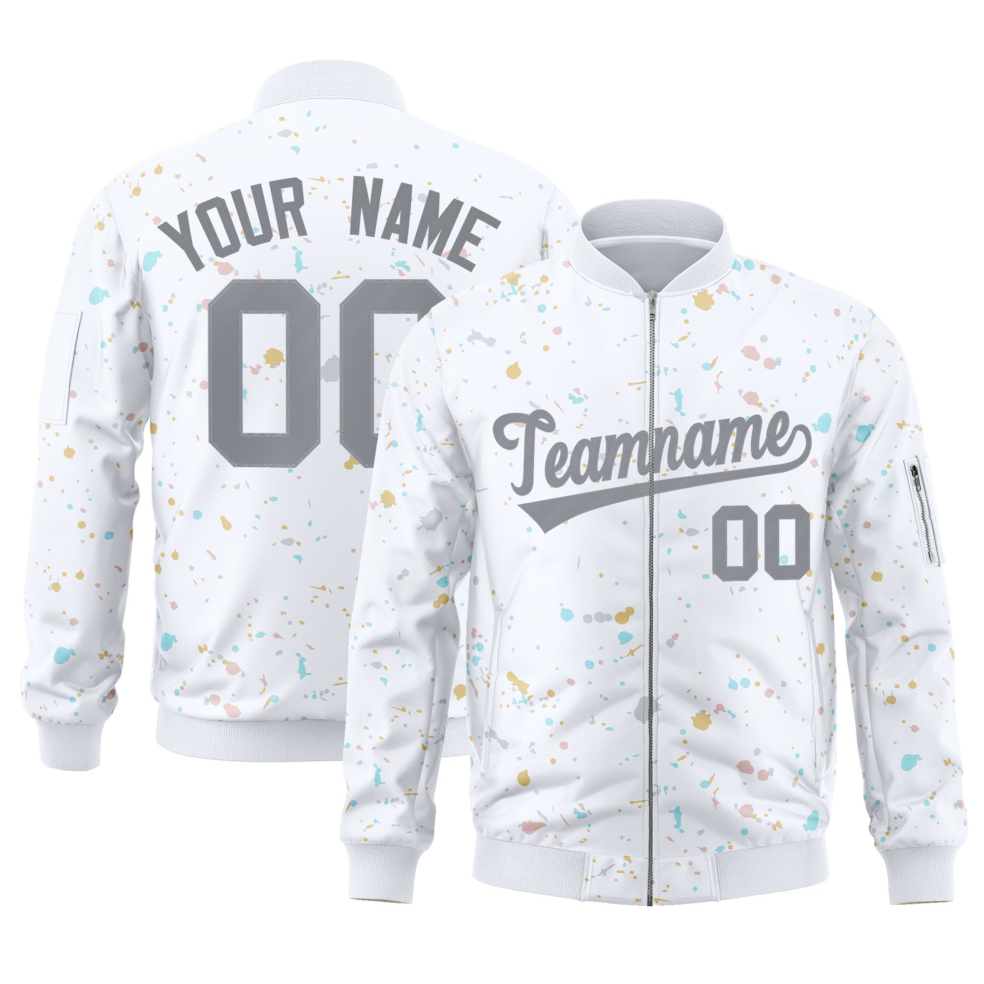 Custom White Gray Varsity Full-Zip Splash Graffiti Pattern Letterman Jacket