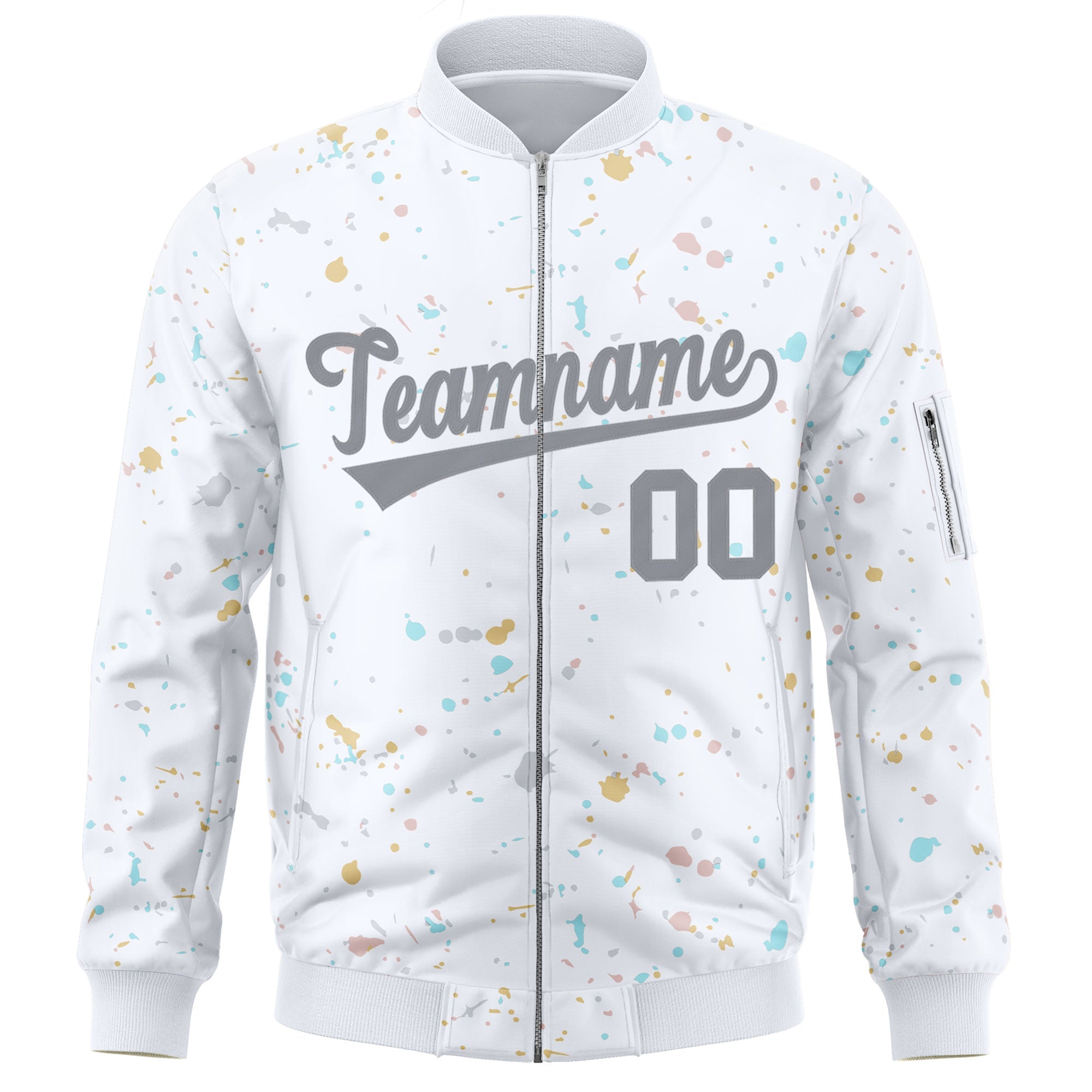 Custom White Gray Varsity Full-Zip Splash Graffiti Pattern Letterman Jacket