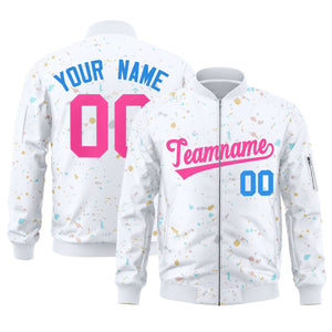 Custom White Pink Varsity Full-Zip Splash Graffiti Pattern Letterman Jacket