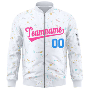 Custom White Pink Varsity Full-Zip Splash Graffiti Pattern Letterman Jacket