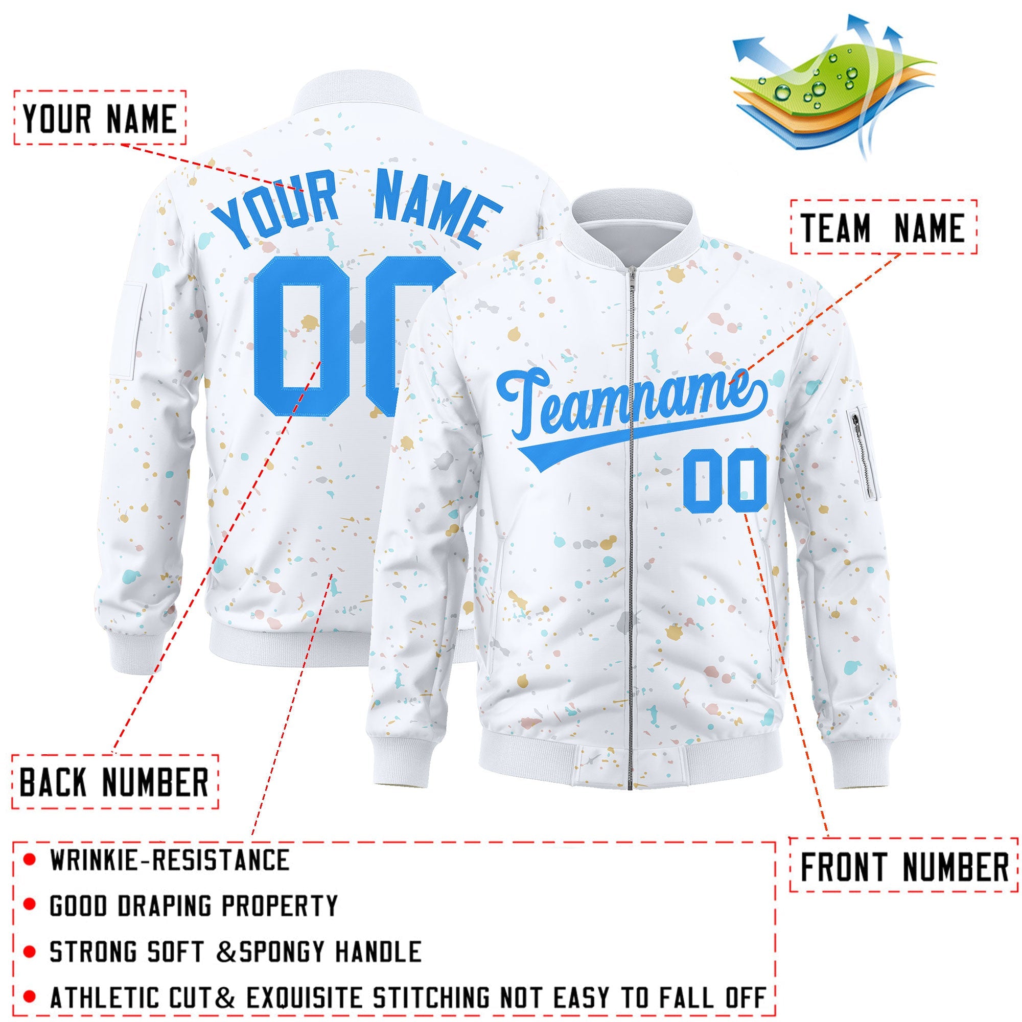 Custom White Powder Blue Varsity Full-Zip Splash Graffiti Pattern Letterman Jacket