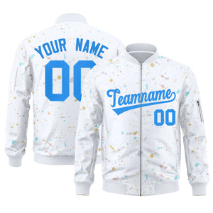 Custom White Powder Blue Varsity Full-Zip Splash Graffiti Pattern Letterman Jacket