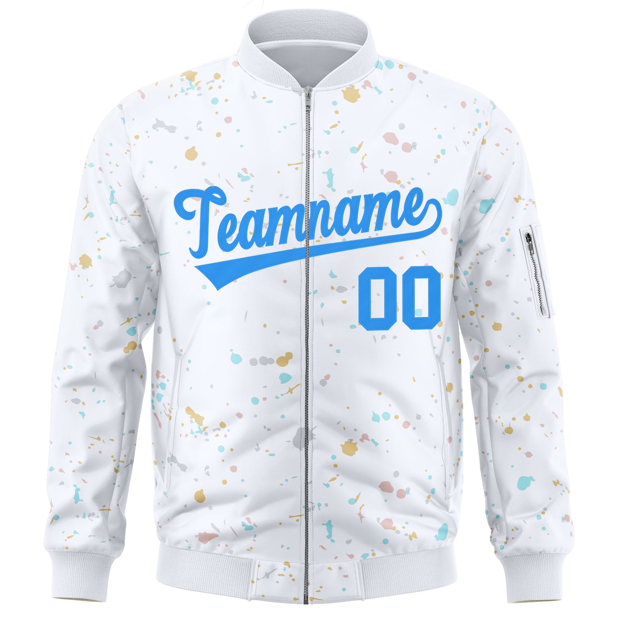 Custom White Powder Blue Varsity Full-Zip Splash Graffiti Pattern Letterman Jacket