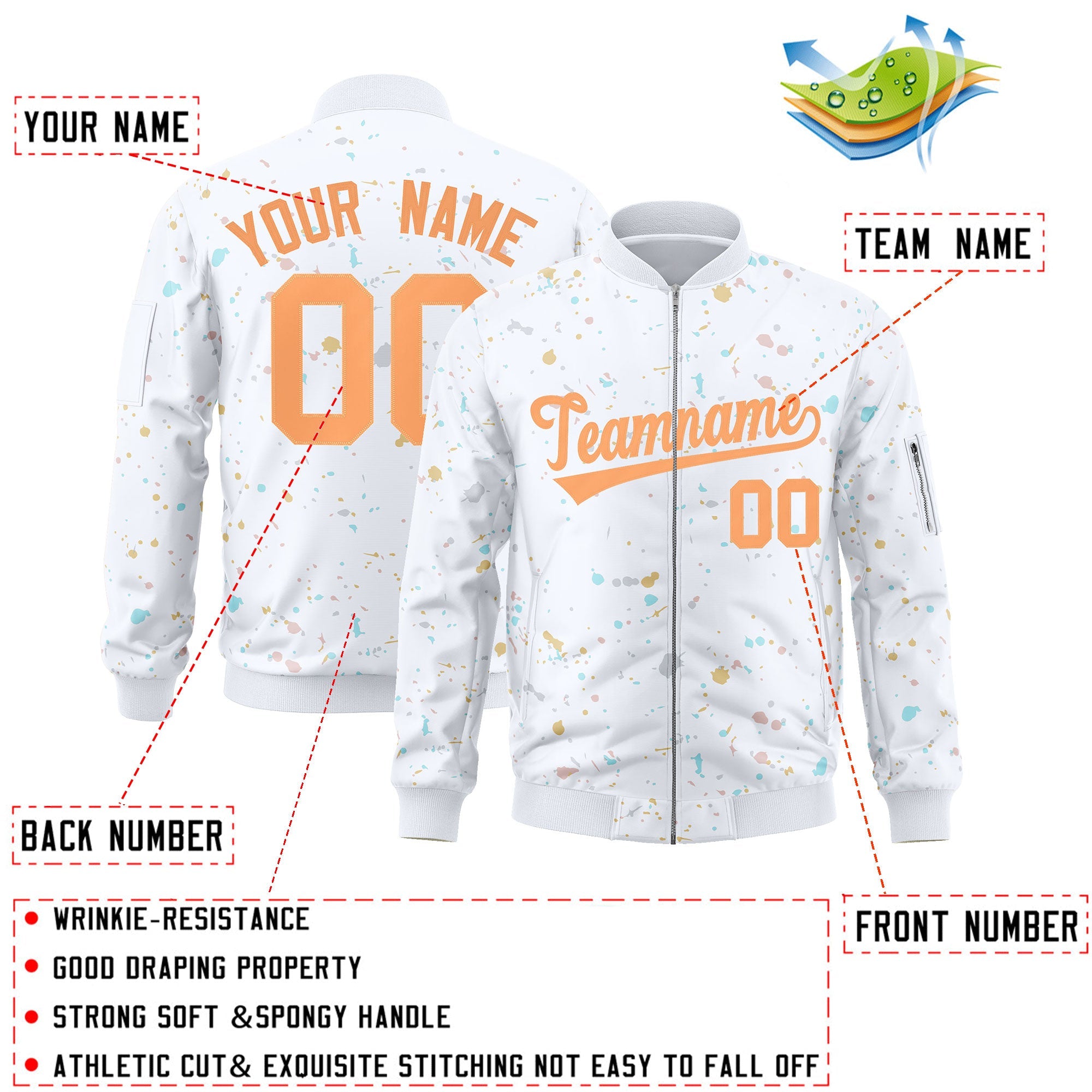 Custom White Orange Varsity Full-Zip Splash Graffiti Pattern Letterman Jacket