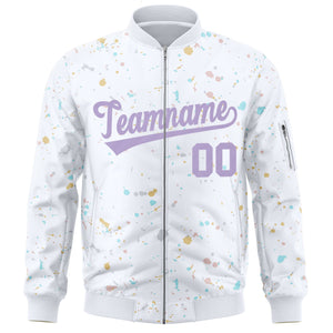 Custom White Purple Varsity Full-Zip Splash Graffiti Pattern Letterman Jacket