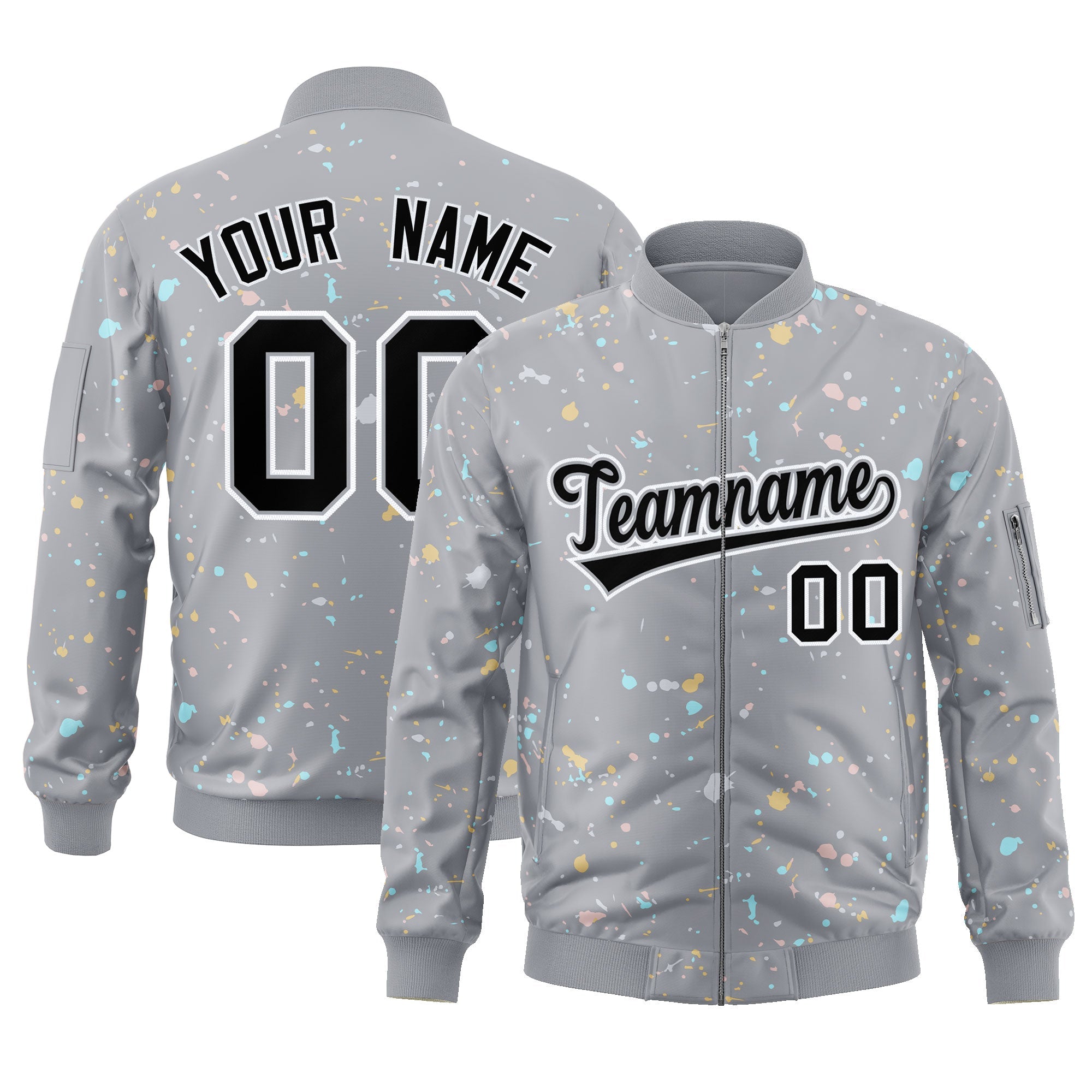 Custom Gray Black-White Varsity Full-Zip Splash Graffiti Pattern Letterman Jacket