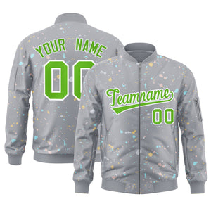 Custom Gray Green-White Varsity Full-Zip Splash Graffiti Pattern Letterman Jacket