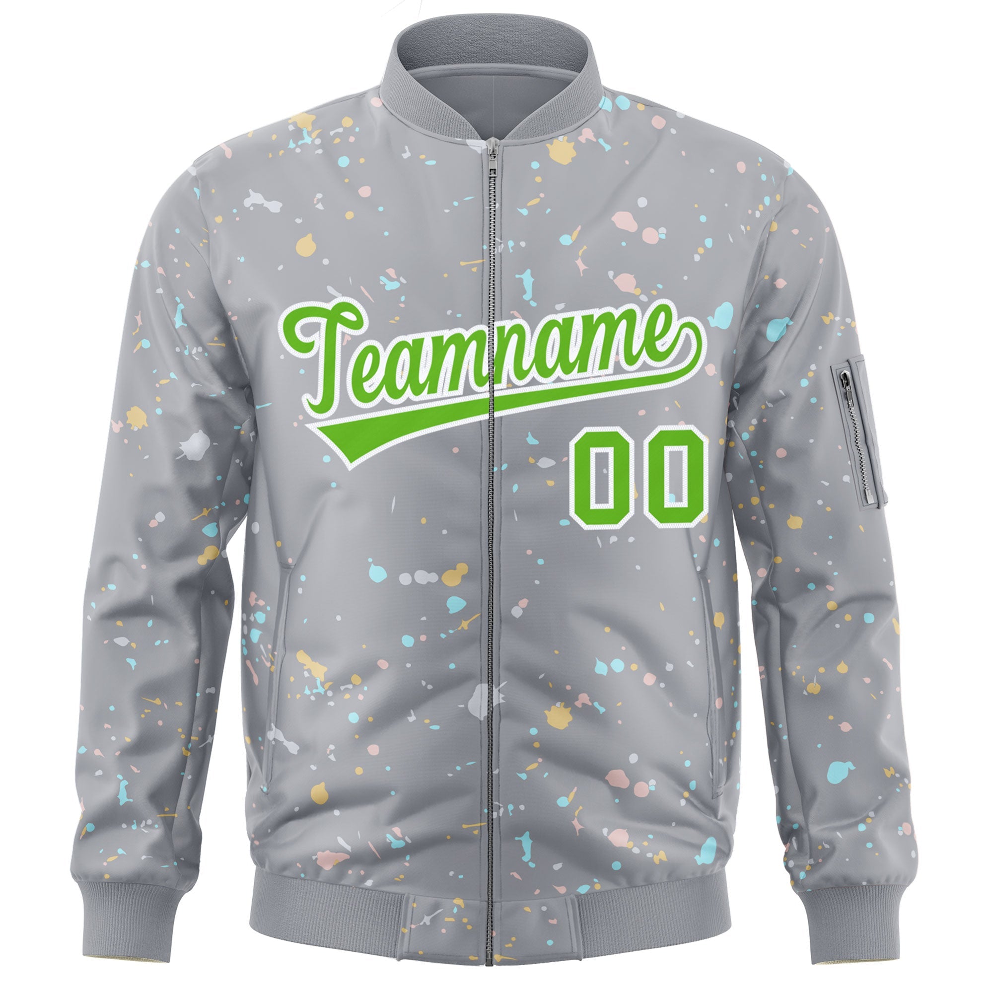 Custom Gray Green-White Varsity Full-Zip Splash Graffiti Pattern Letterman Jacket