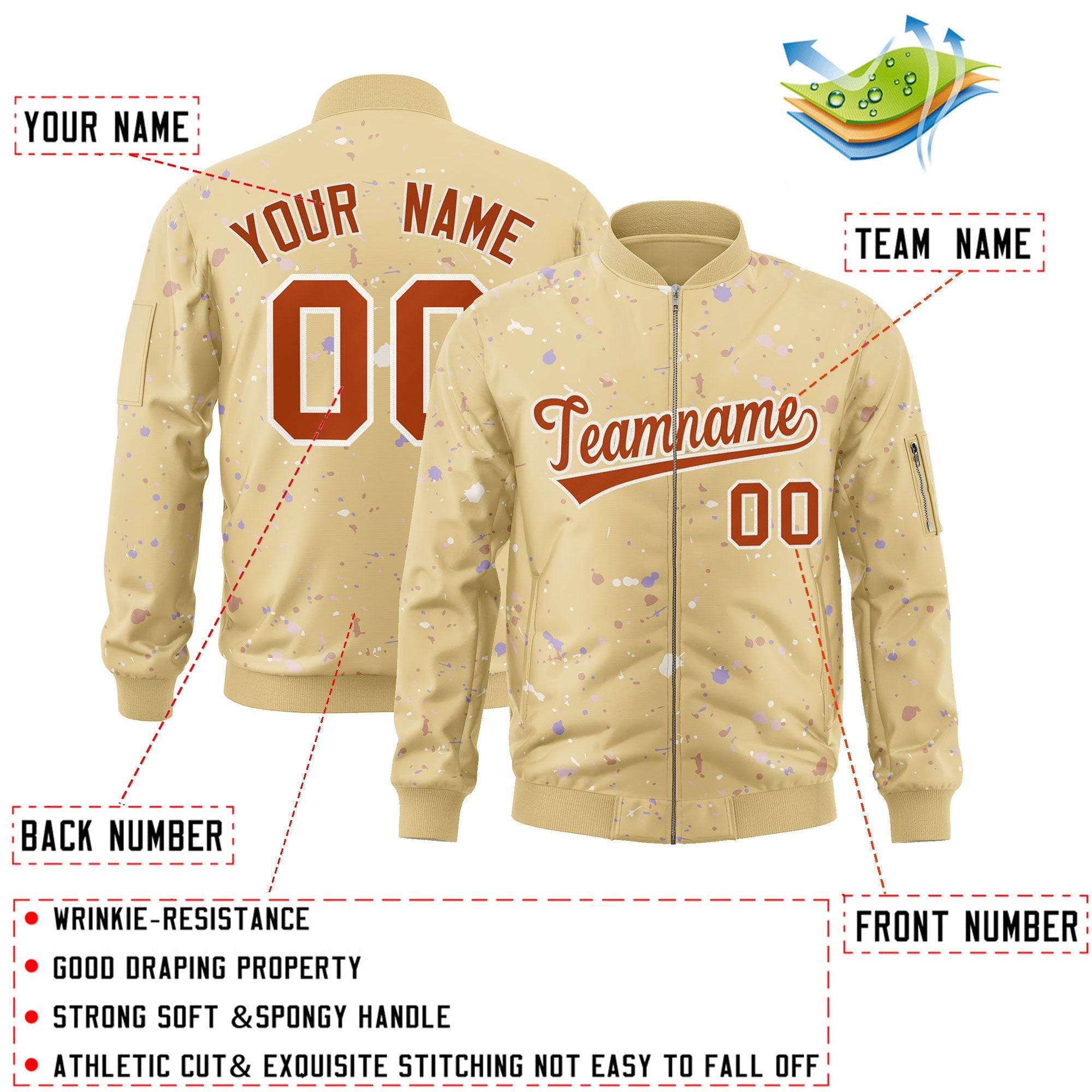 Custom Khaki Orange-White Varsity Full-Zip Splash Graffiti Pattern Letterman Jacket