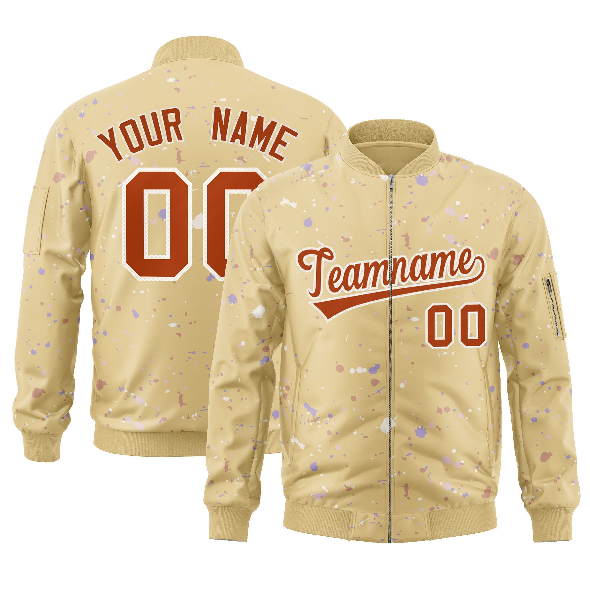 Custom Khaki Orange-White Varsity Full-Zip Splash Graffiti Pattern Letterman Jacket