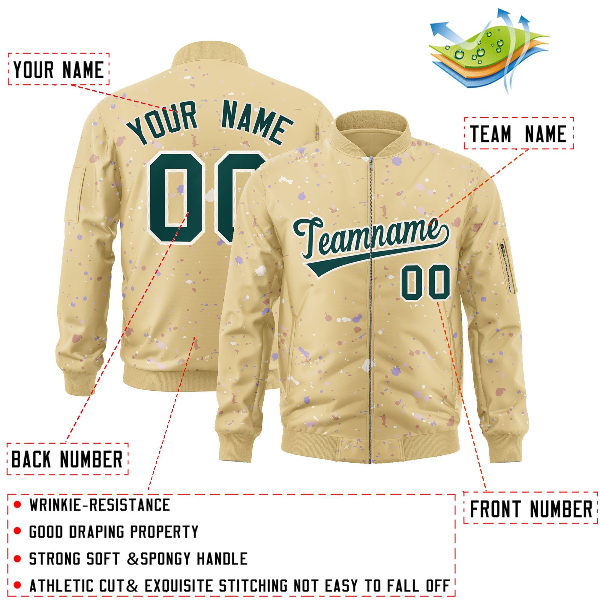 Custom Khaki Midnight Green-White Varsity Full-Zip Splash Graffiti Pattern Letterman Jacket