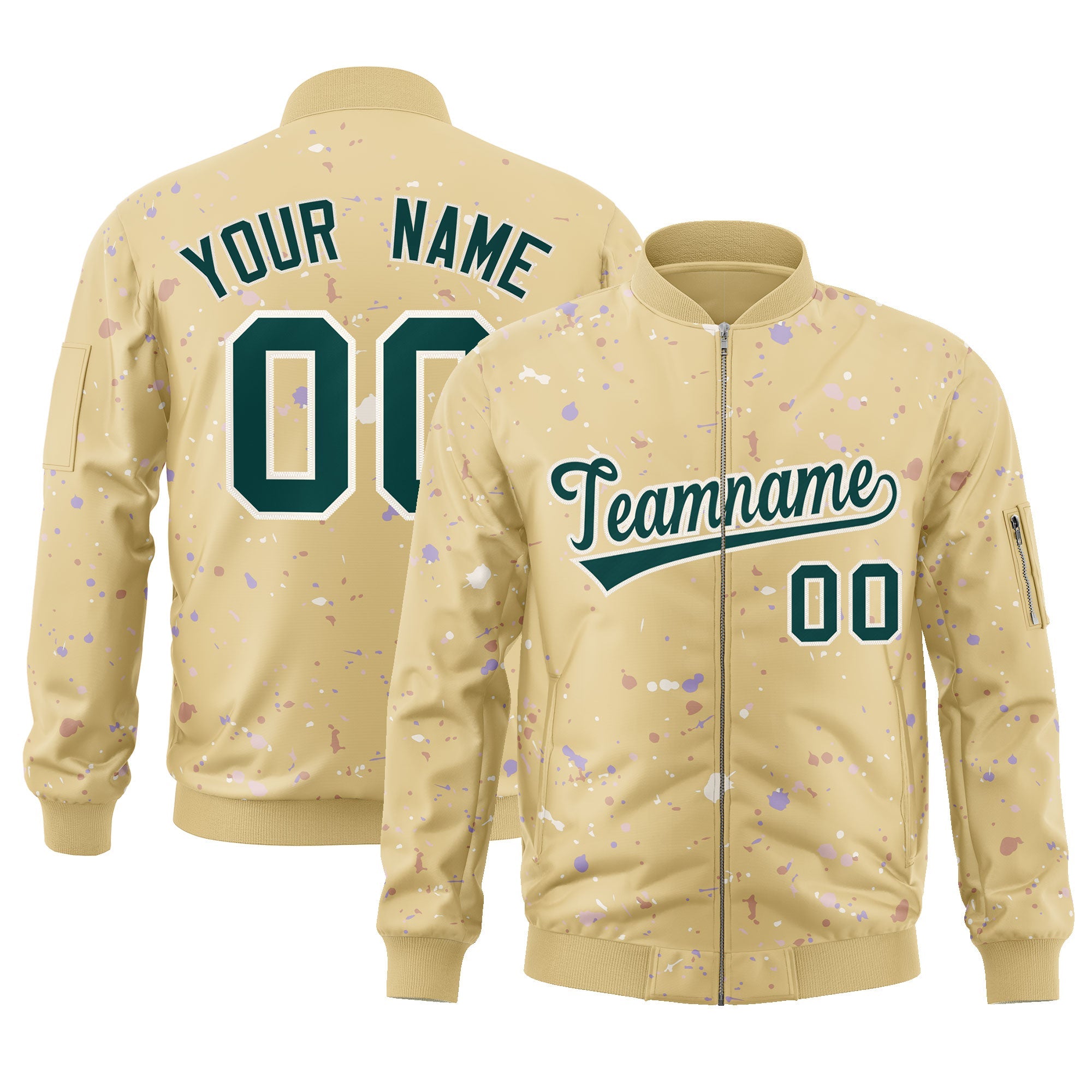 Custom Khaki Midnight Green-White Varsity Full-Zip Splash Graffiti Pattern Letterman Jacket