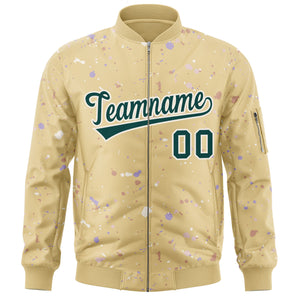 Custom Khaki Midnight Green-White Varsity Full-Zip Splash Graffiti Pattern Letterman Jacket