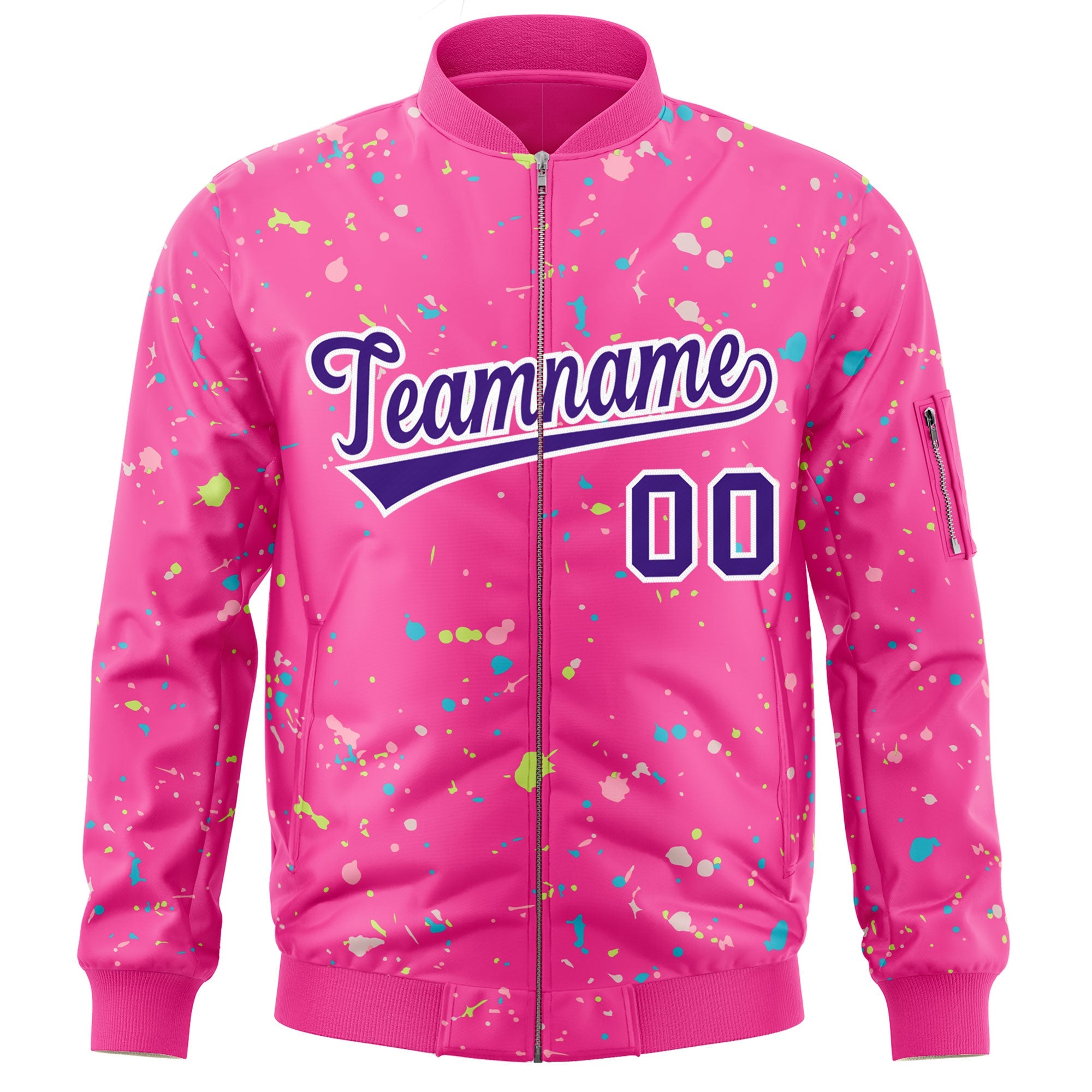 Custom Pink Purple-White Varsity Full-Zip Splash Graffiti Pattern Letterman Jacket