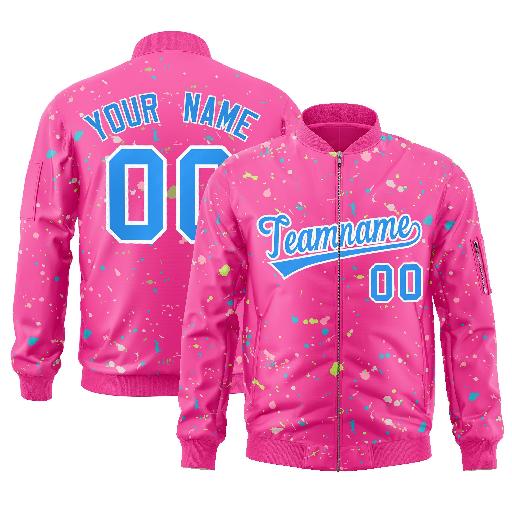 Custom Pink Powder Blue-White Varsity Full-Zip Splash Graffiti Pattern Letterman Jacket