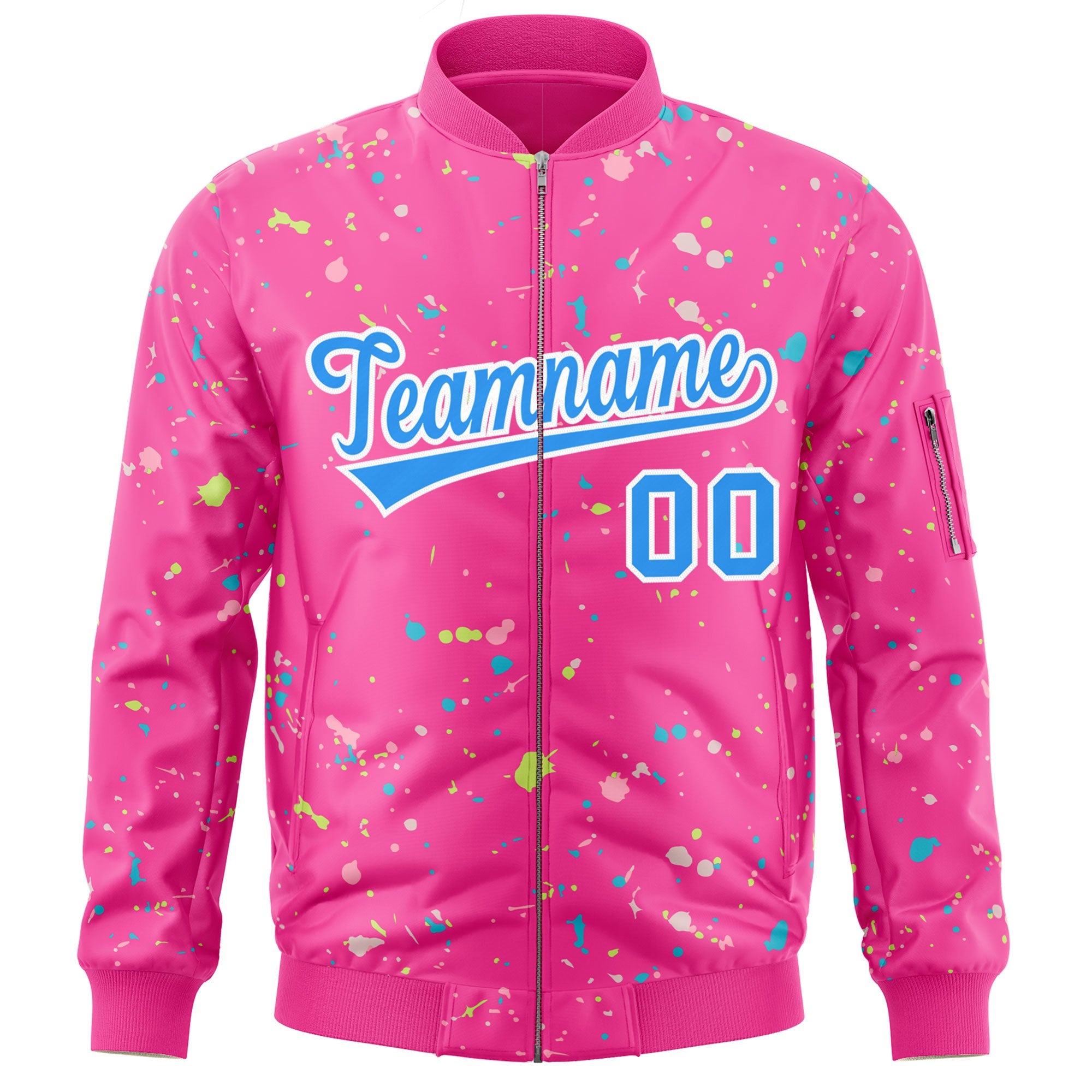 Custom Pink Powder Blue-White Varsity Full-Zip Splash Graffiti Pattern Letterman Jacket